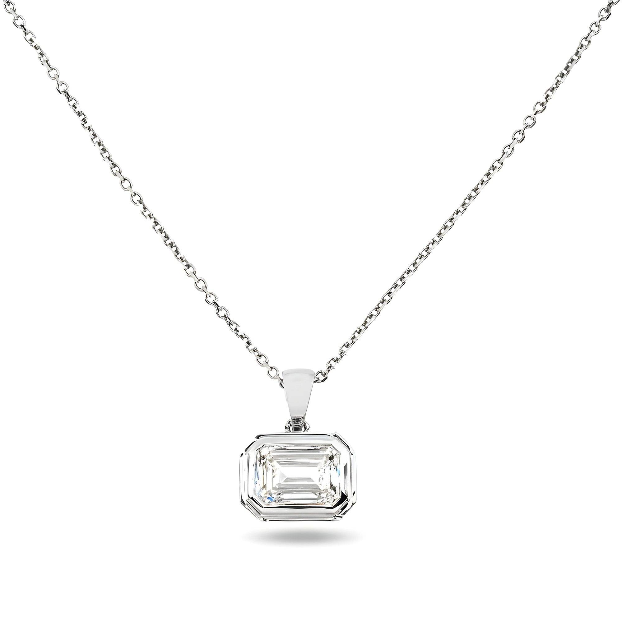 14K Yellow Gold Bezel Set Solitaire Emerald Cut Diamond Necklace 2.09ct