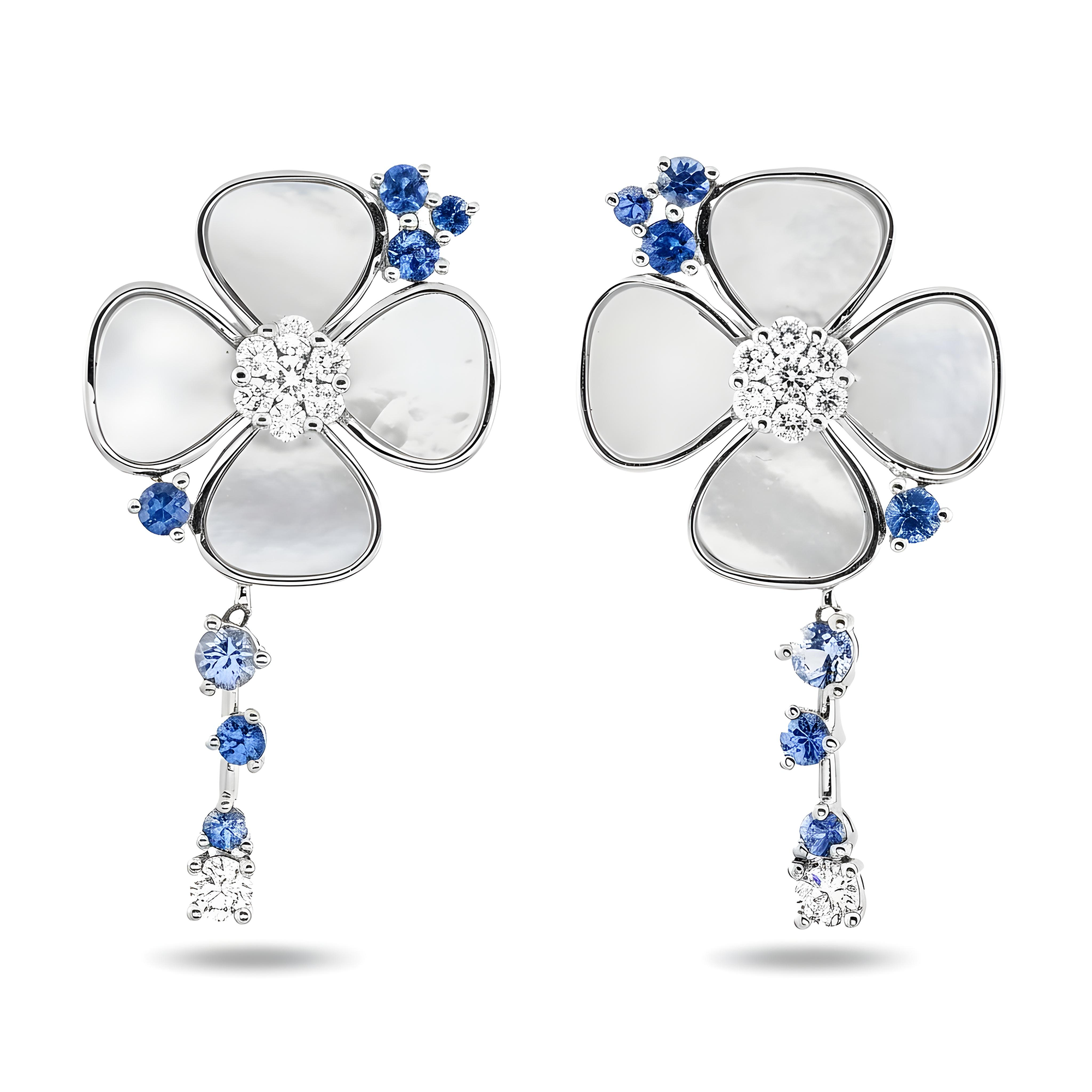 18K Yellow Gold Mother of Pearl/Blue Sapphire & Diamond Flower Drop Earrings 0.52ctw
