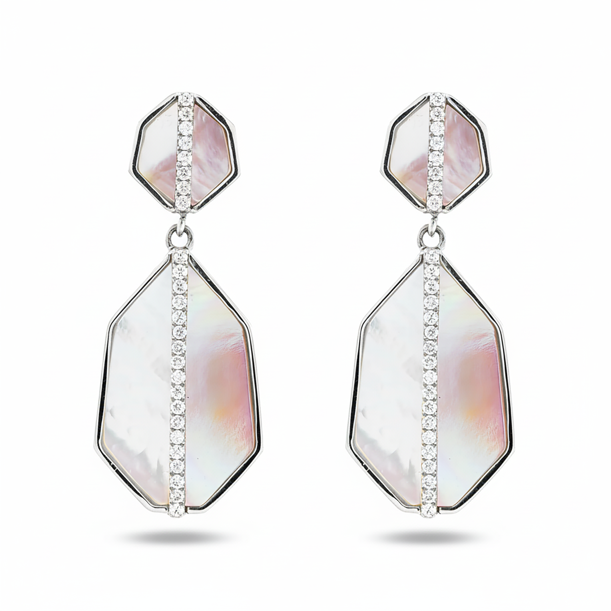 14K Yellow Gold White & Pink Mother of Pearl Diamond Drop Earrings 0.25ctw
