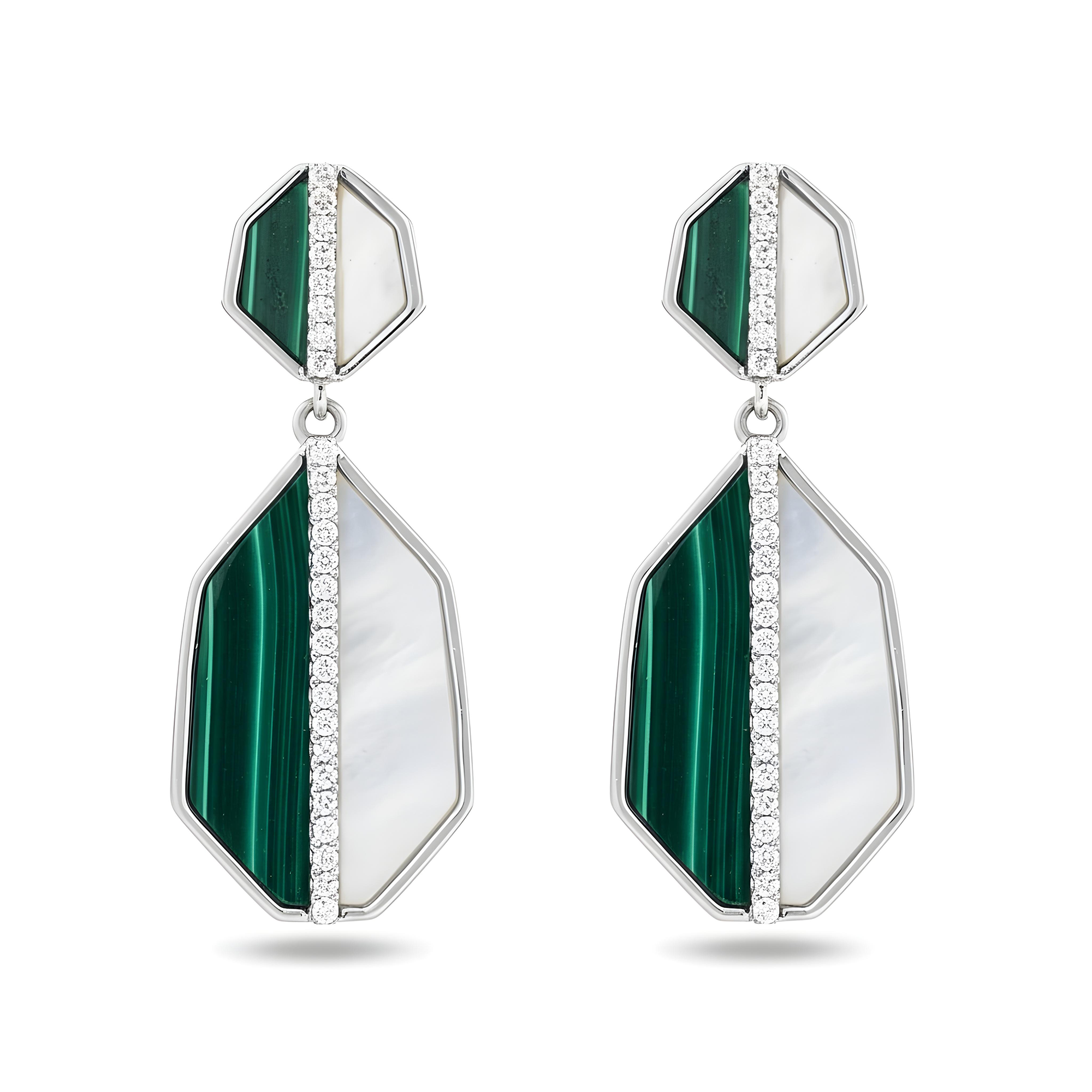 14K Yellow Gold Mother of Pearl/Malachite & Diamond Drop Earrings 0.25ctw