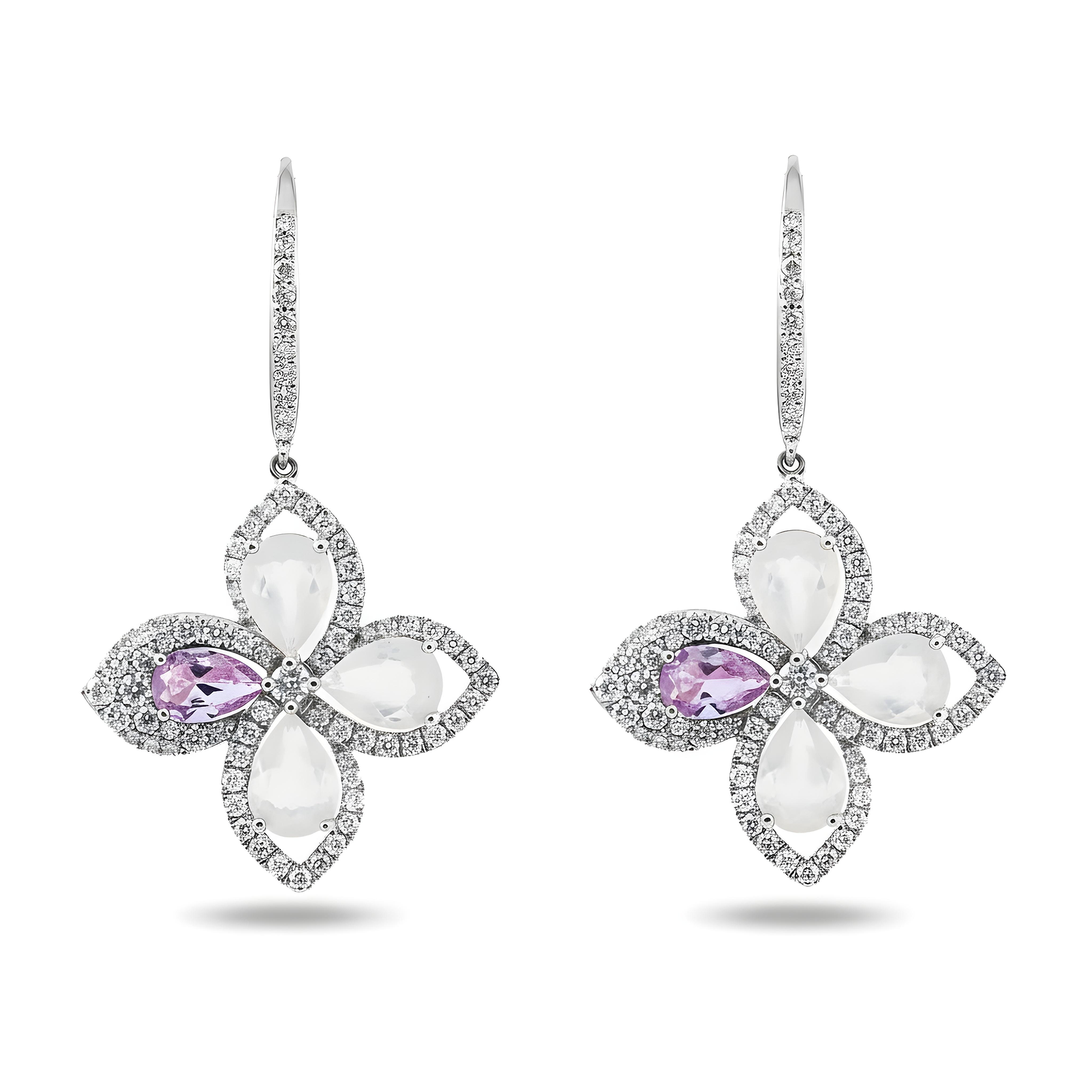 18K Rose Gold Pink Sapphire/Quartz & Diamond Flower Drop Earrings 1.30ctw