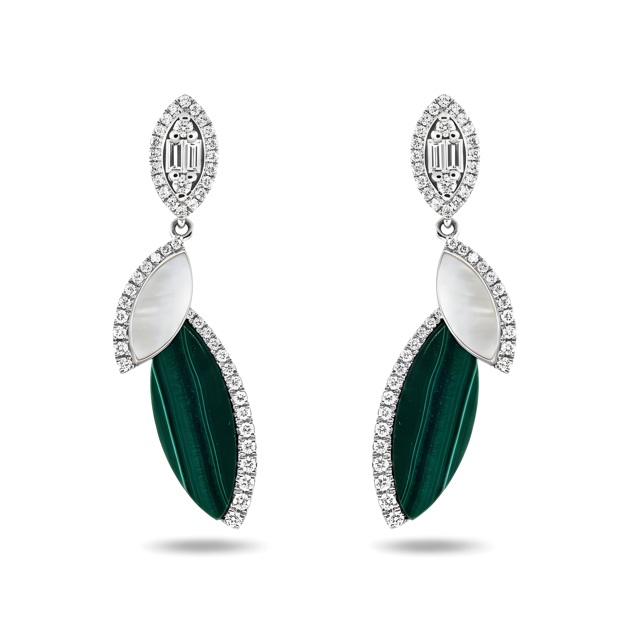 18K Yellow Gold Mother of Pearl/Malachite & Diamond Drop Earrings 0.45ctw