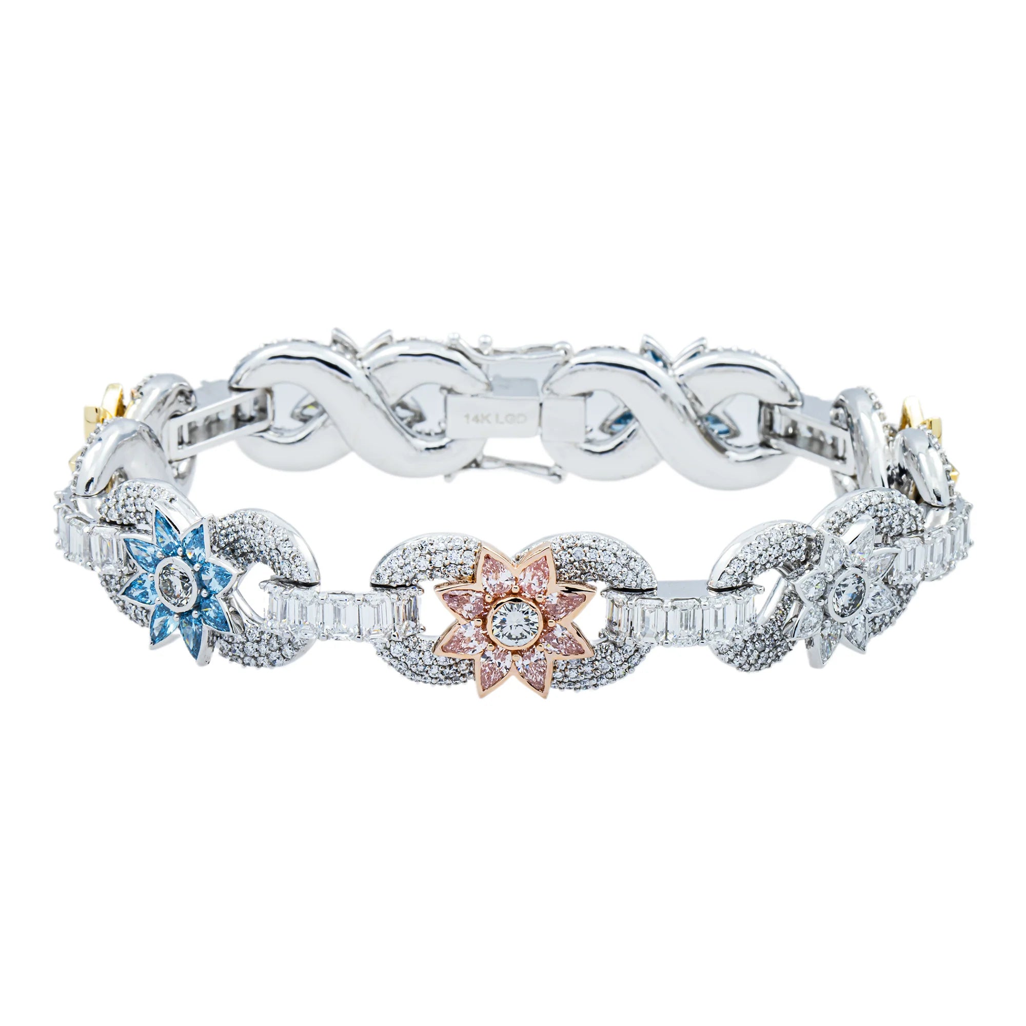 14K Two Tone Fancy Color Round & Pear Cut Diamond Flower Bracelet 20.37ct