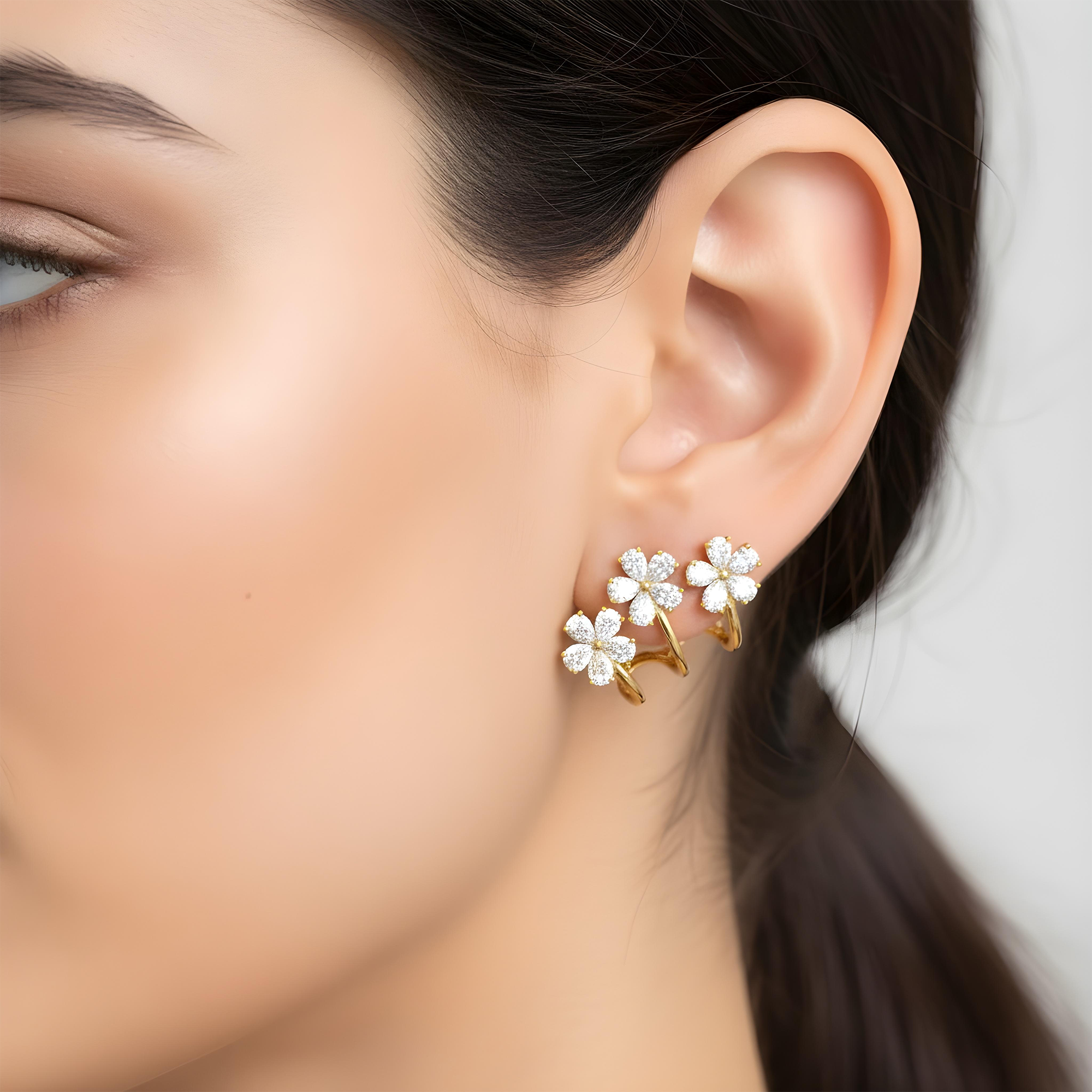 White Gold Pear Cut Diamond Flower Climber Earrings 4.10ctw
