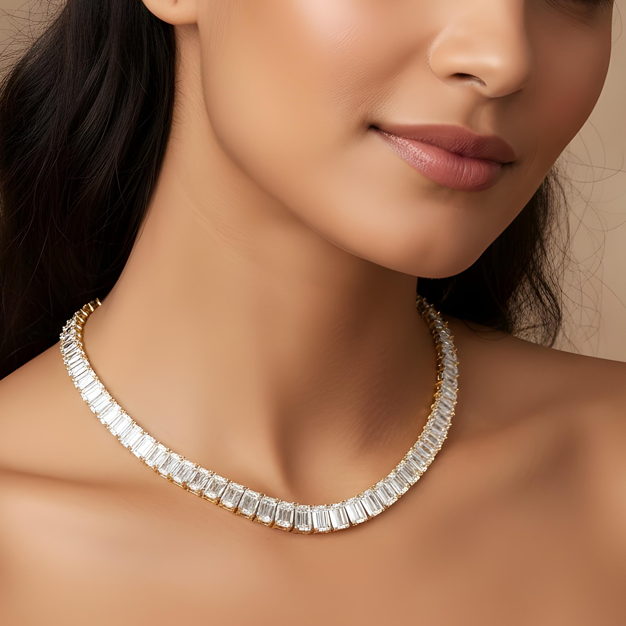 Platinum Graduated Emerald Cut Diamond Tennis Necklace 101.23ct