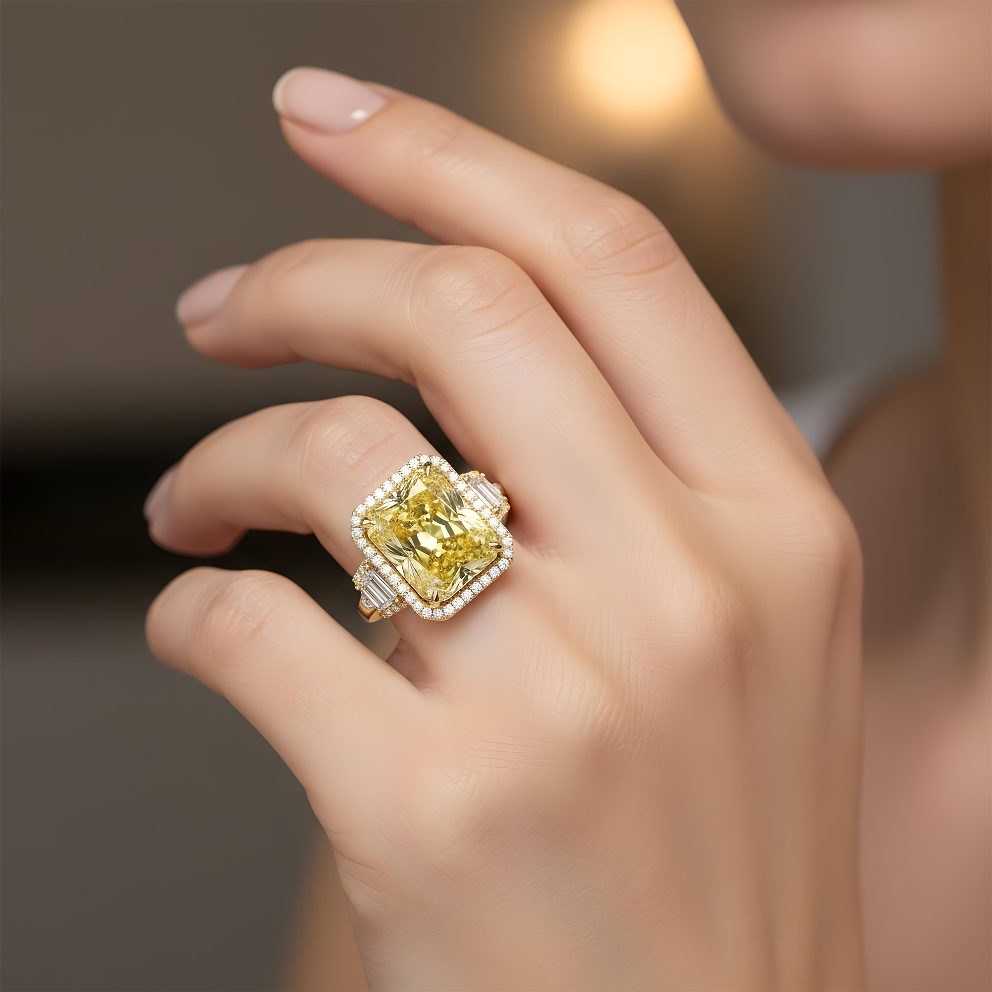 Platinum 12.65ct Radiant Cut Fancy Vivid Yellow Diamond Ring 15.41ctw