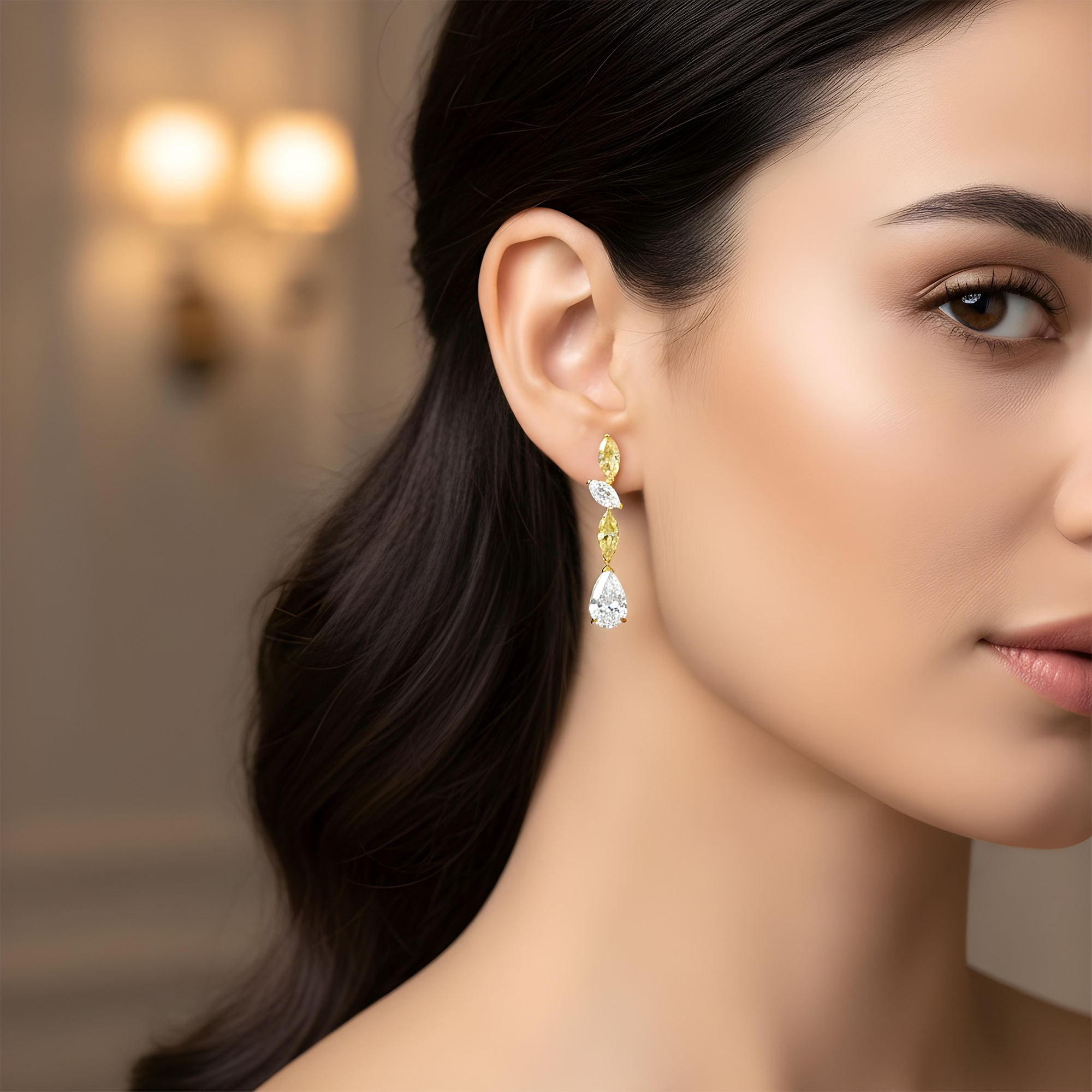 14K Two Tone White & Fancy Yellow Diamond Drop Earrings 7.33ct