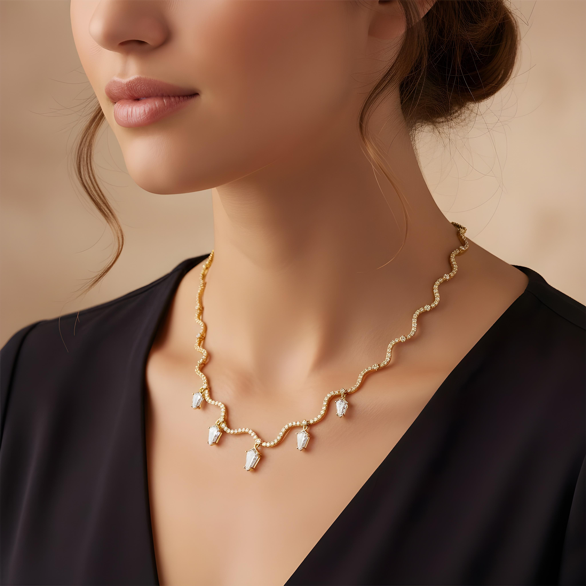 14K White Gold Step Cut Kite & Roud Diamond Falling Rain Necklace 5.73ct