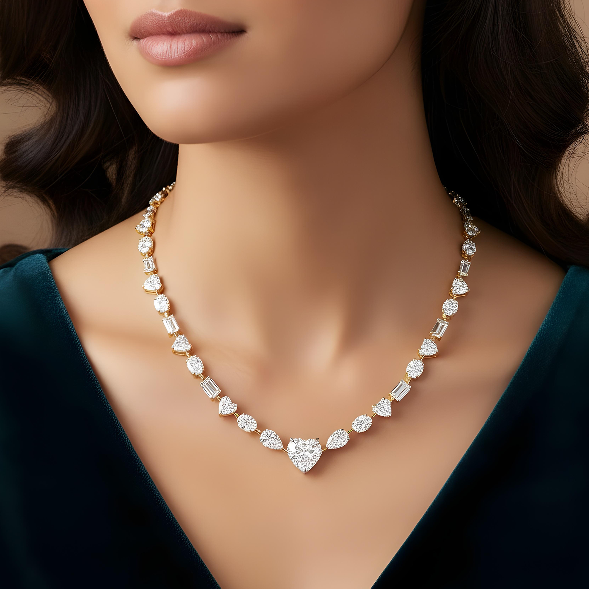 IGI 14K White Gold Heart, Oval & Emerald Cut Diamond Necklace 42.56ct