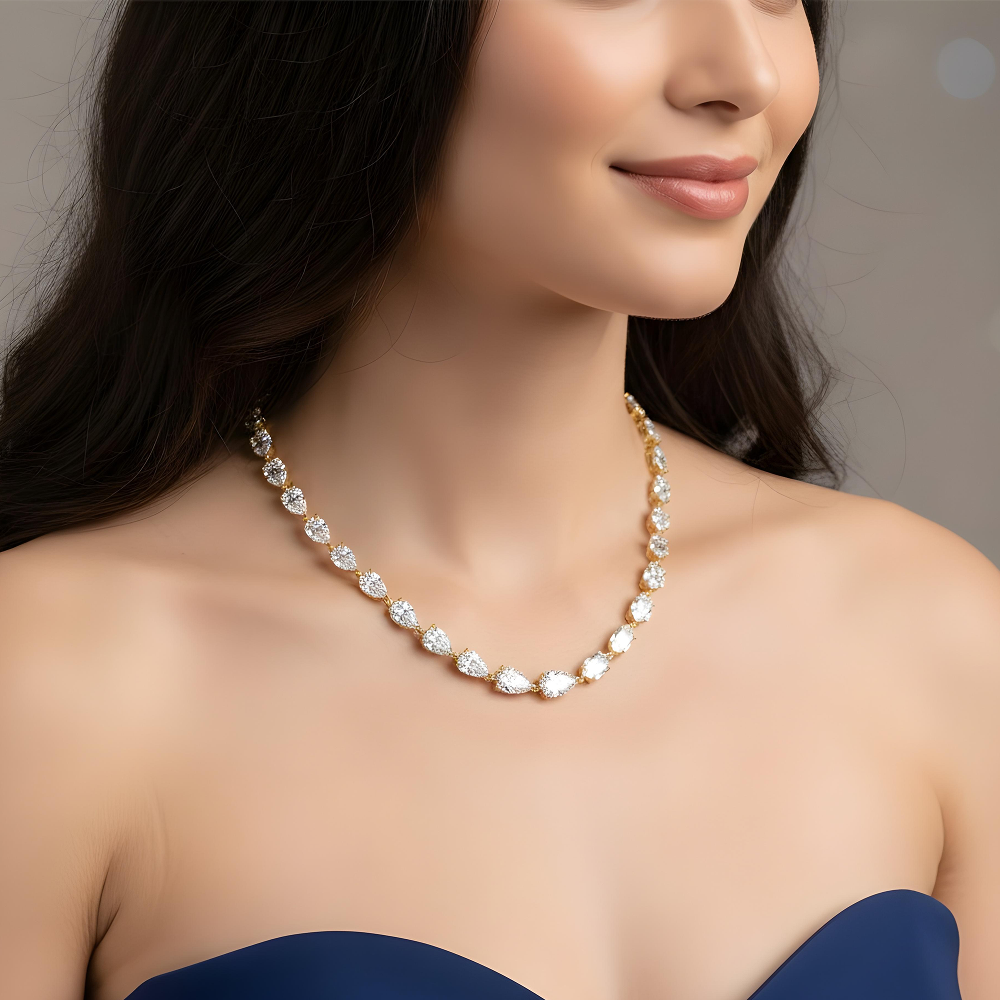 14K White Gold Step Cut Hexagon & Pear Diamond Chain 33.26ct