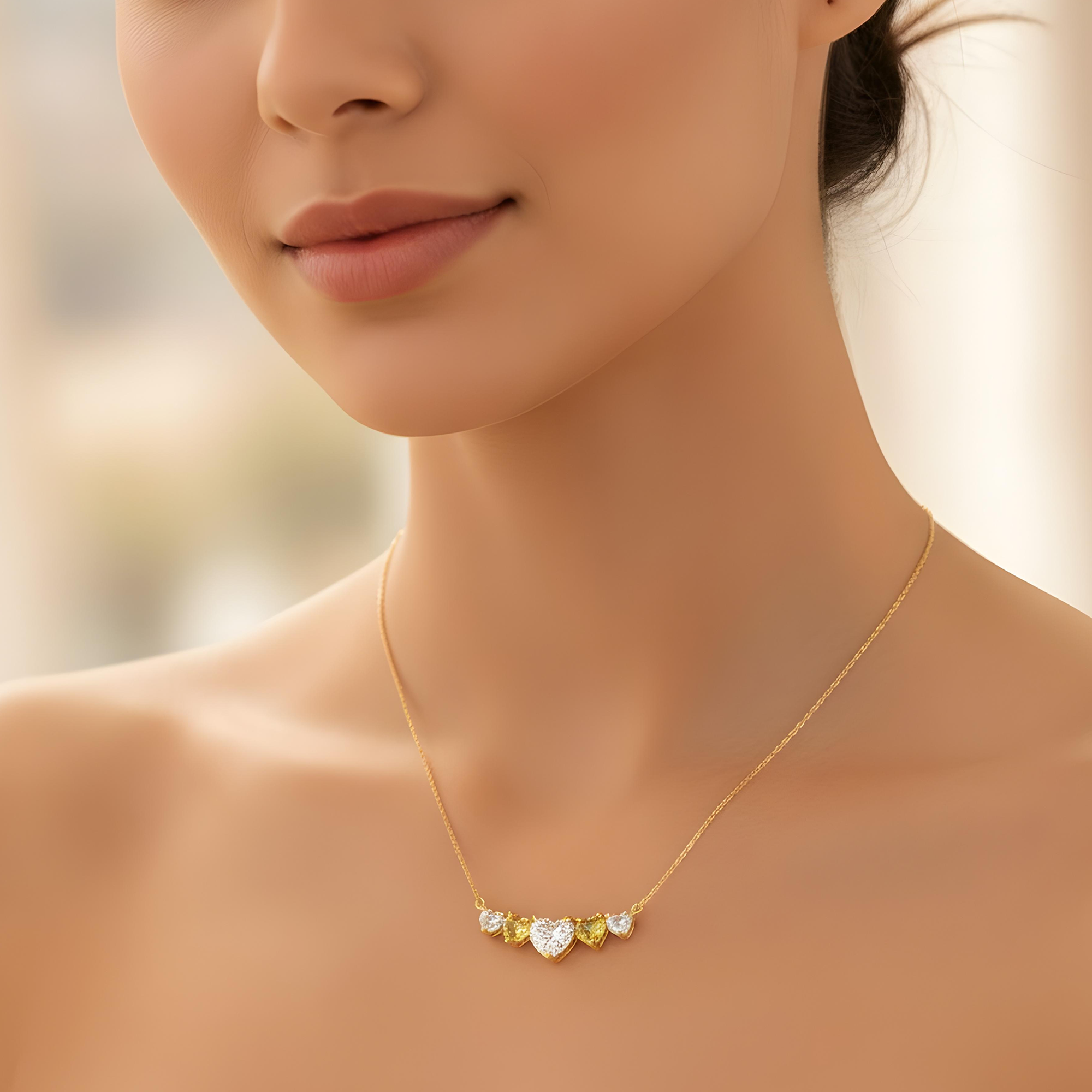 14K Two Tone Heart Cut White & Fancy Yellow Diamond Bar Necklace 3.20ct