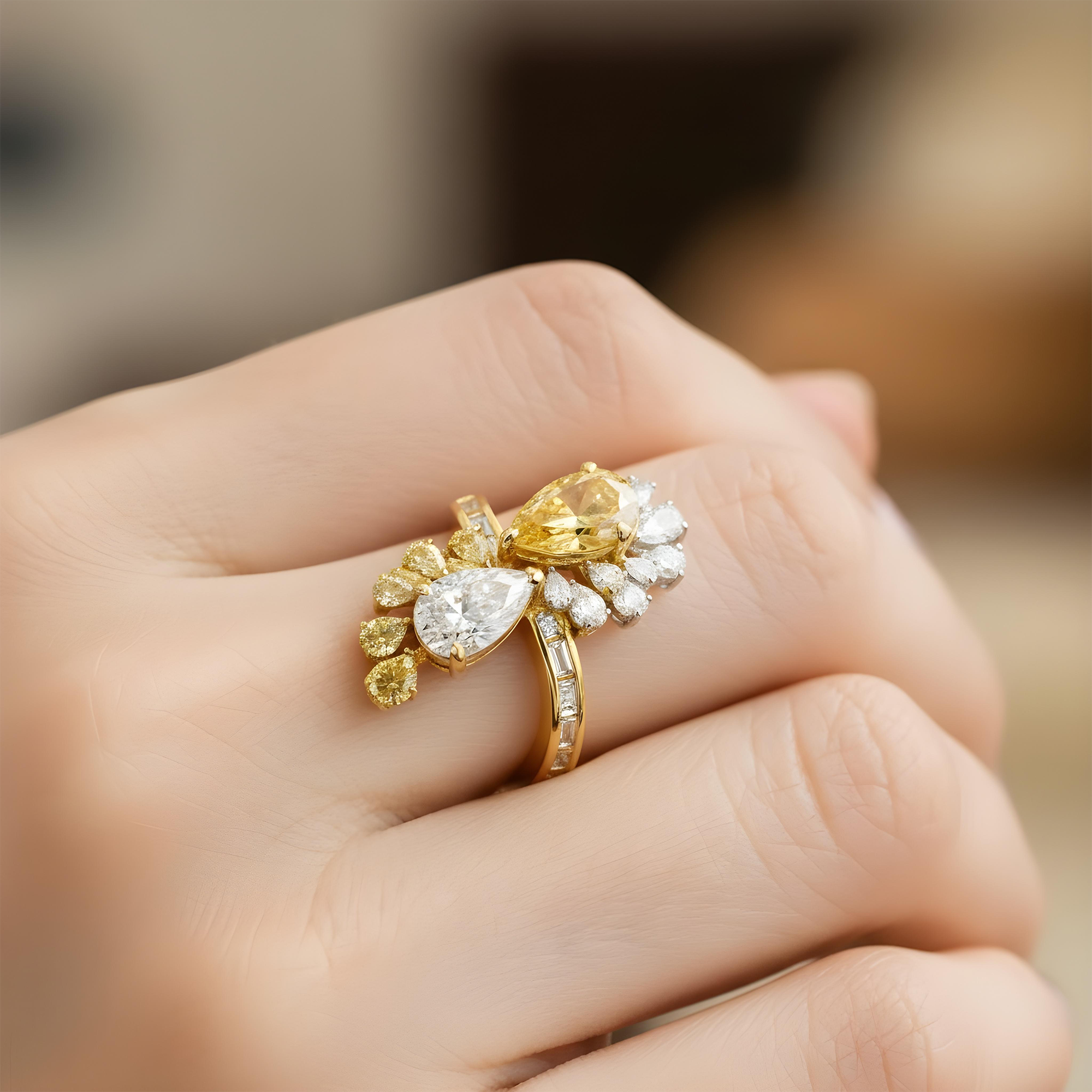 14K White Gold Pear Cut White & Fancy Yellow Diamond Ring 4.86ct