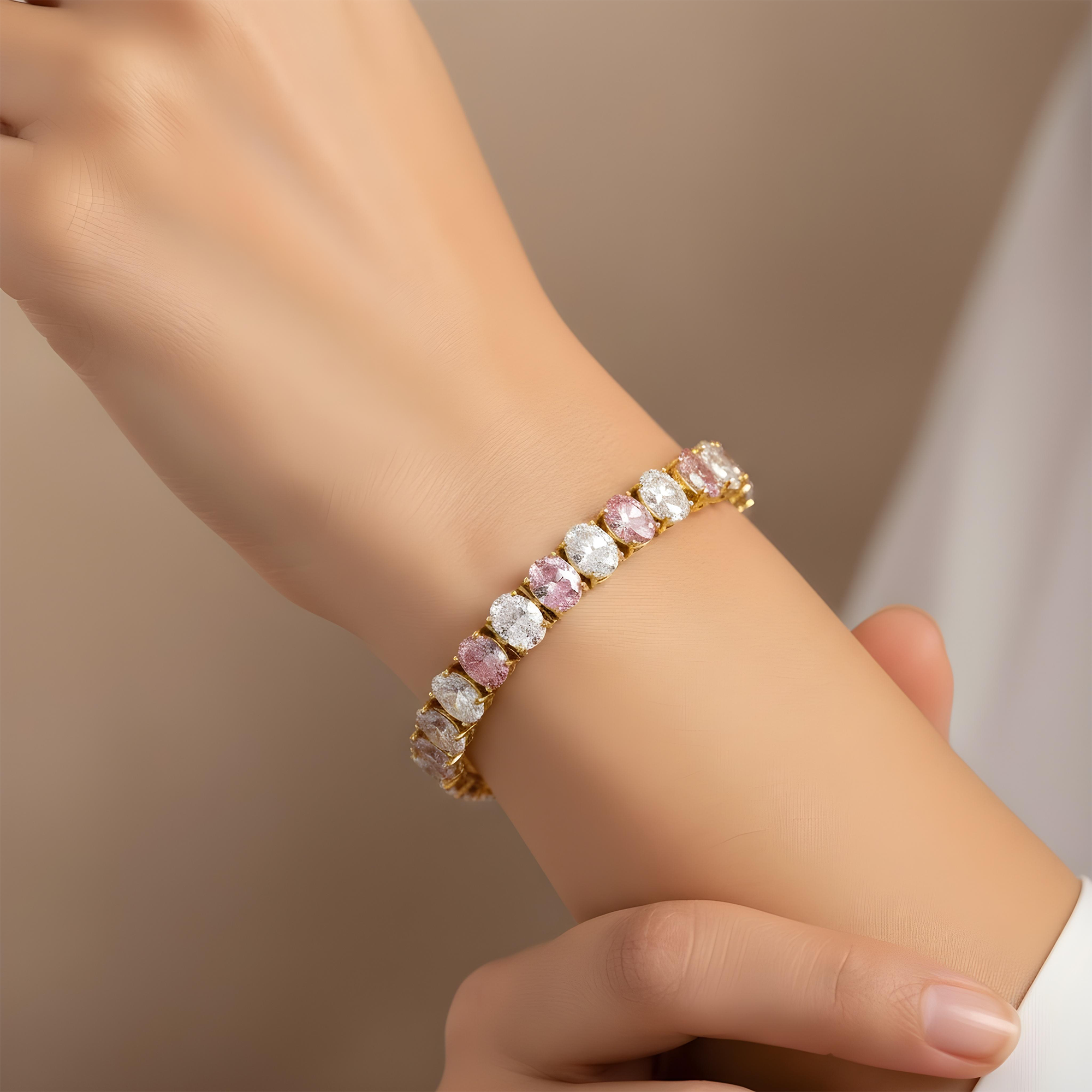 14K White Gold Oval Cut White & Fancy Pink Diamond Bracelet 37.57ct