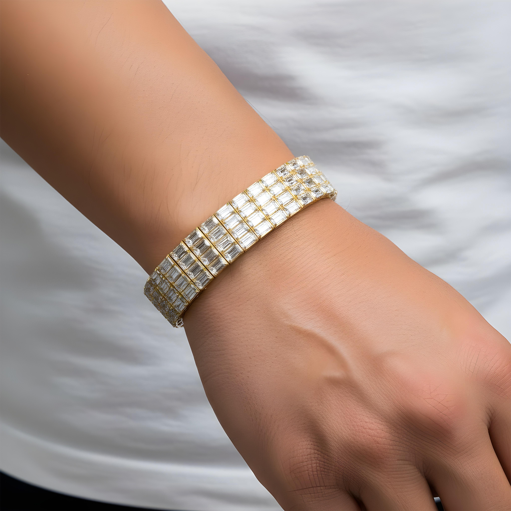 14K White Gold 4 Row Emerald Cut Diamond Bracelet 115.98ct