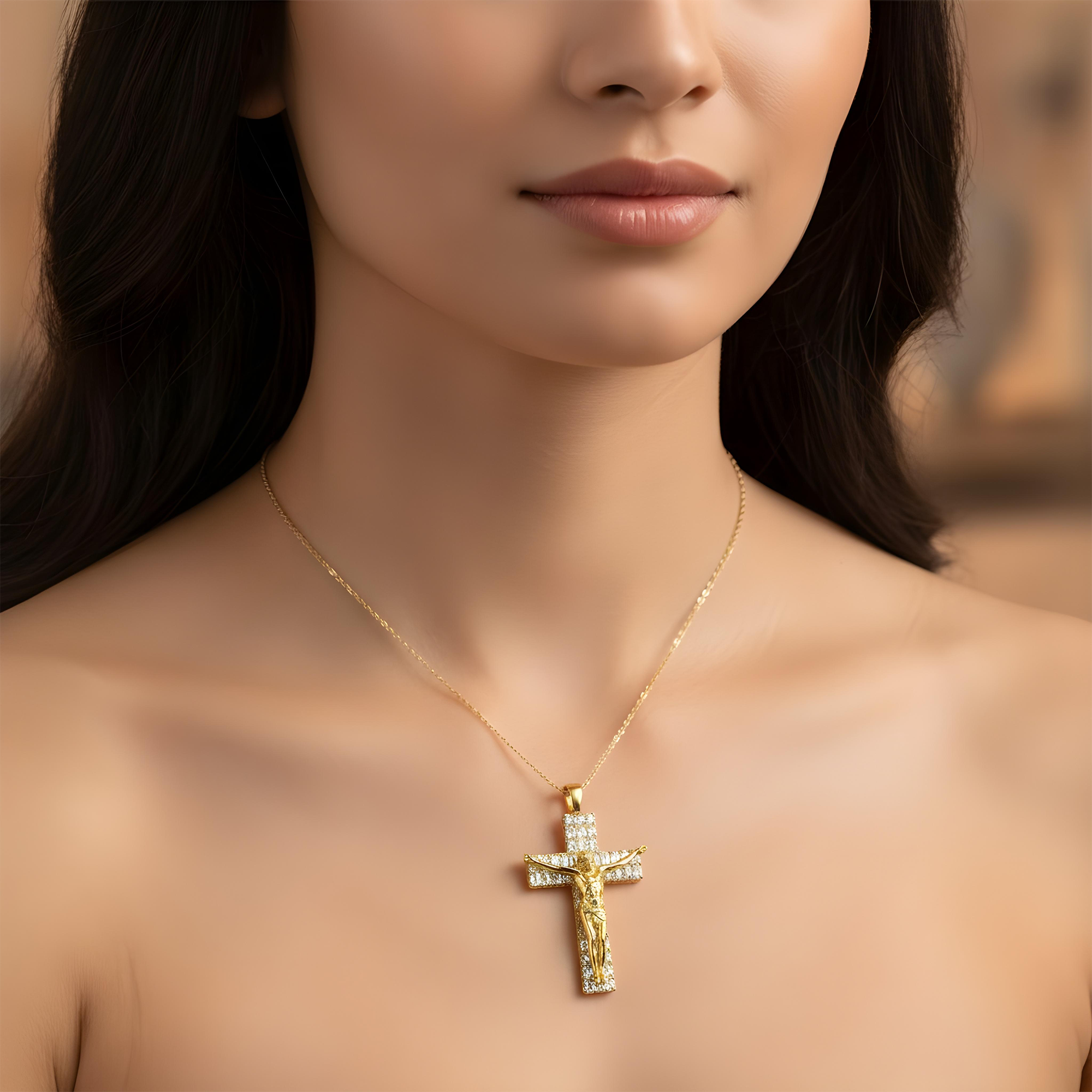 14K White Gold Emerald & Round Diamond Jesus Cross Pendant 9.82ct