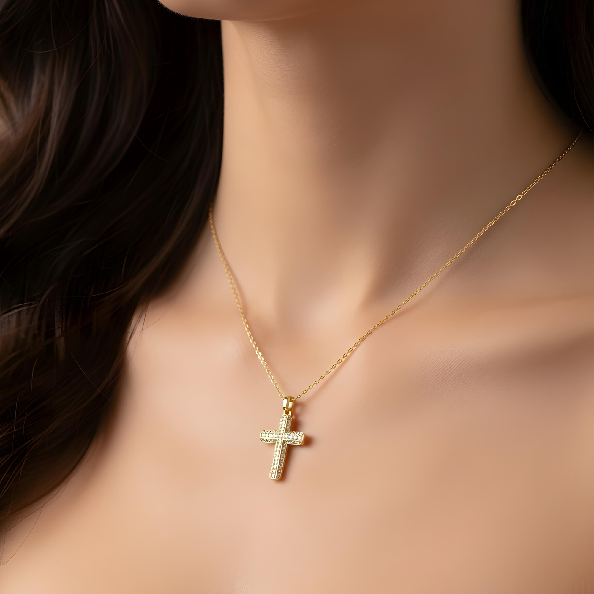 14K White Gold Triple Row Round Diamond Cross Pendant 0.71ct