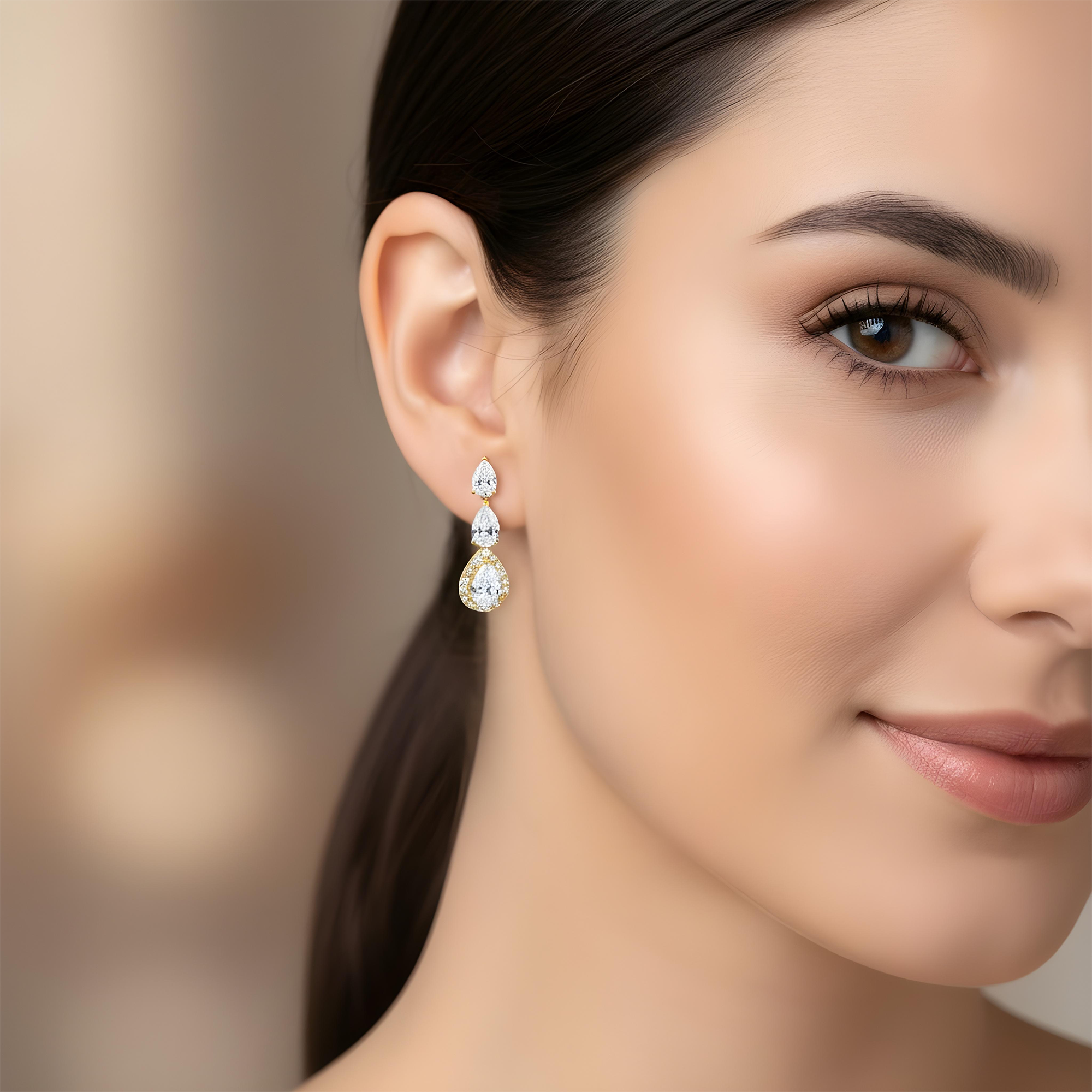 White Gold Pear Cut Diamond Triple Tier Drop Earrings 2.74ctw