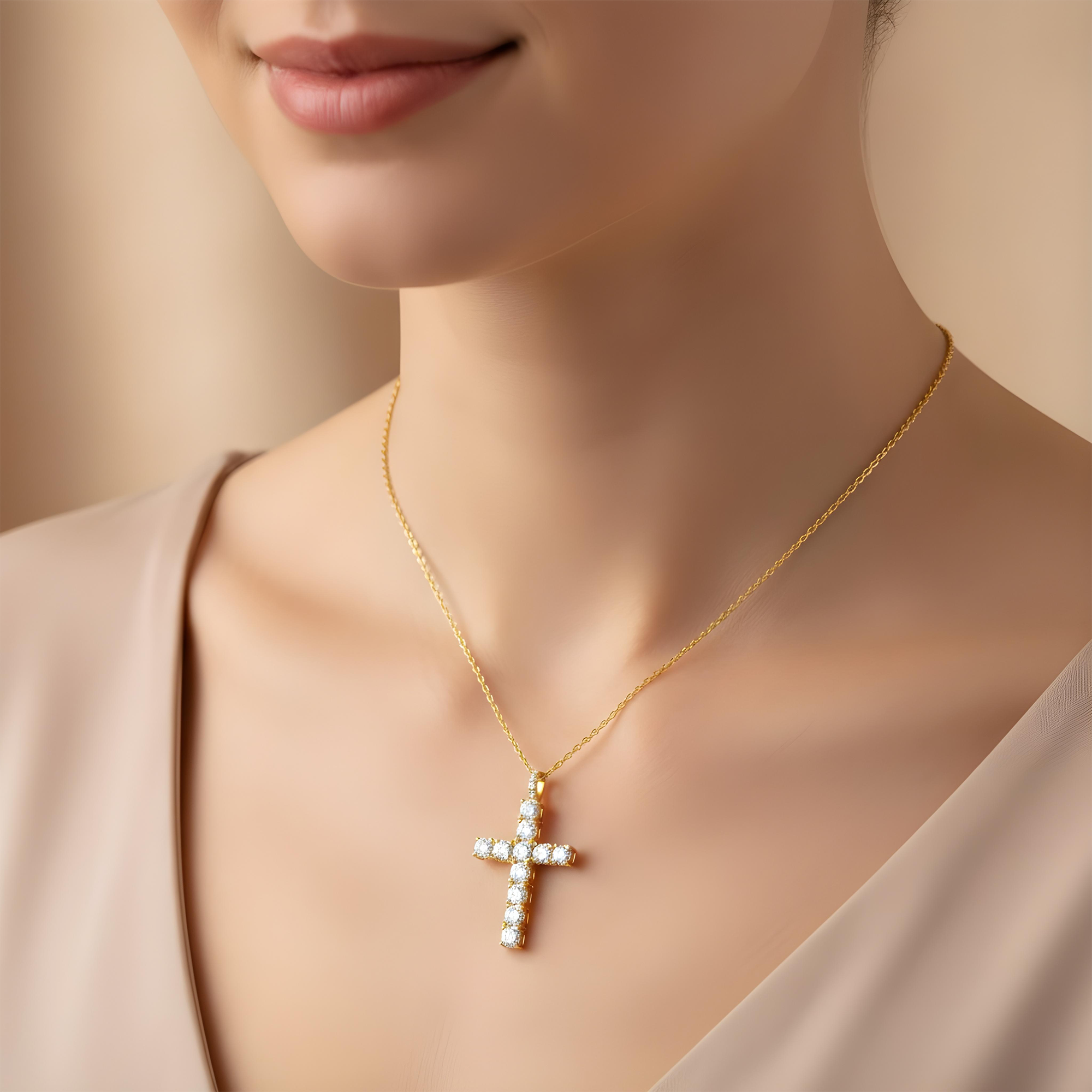 White Gold Round Diamond Cross Pendant & Chain Necklace 3.45ct