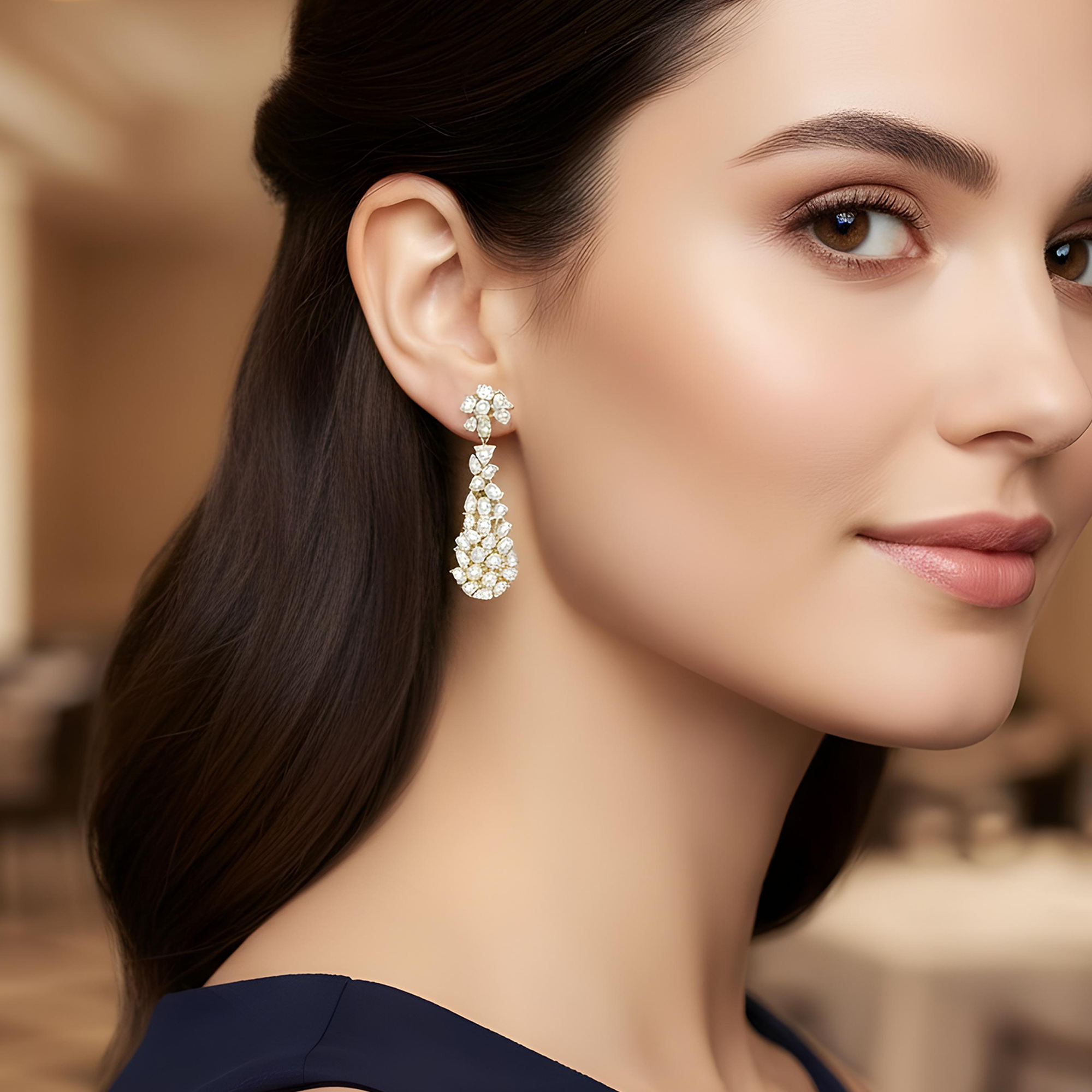 14K White Gold Multi Cut Diamond Drop Earrings 8.59ct (1 of 3 matching set)
