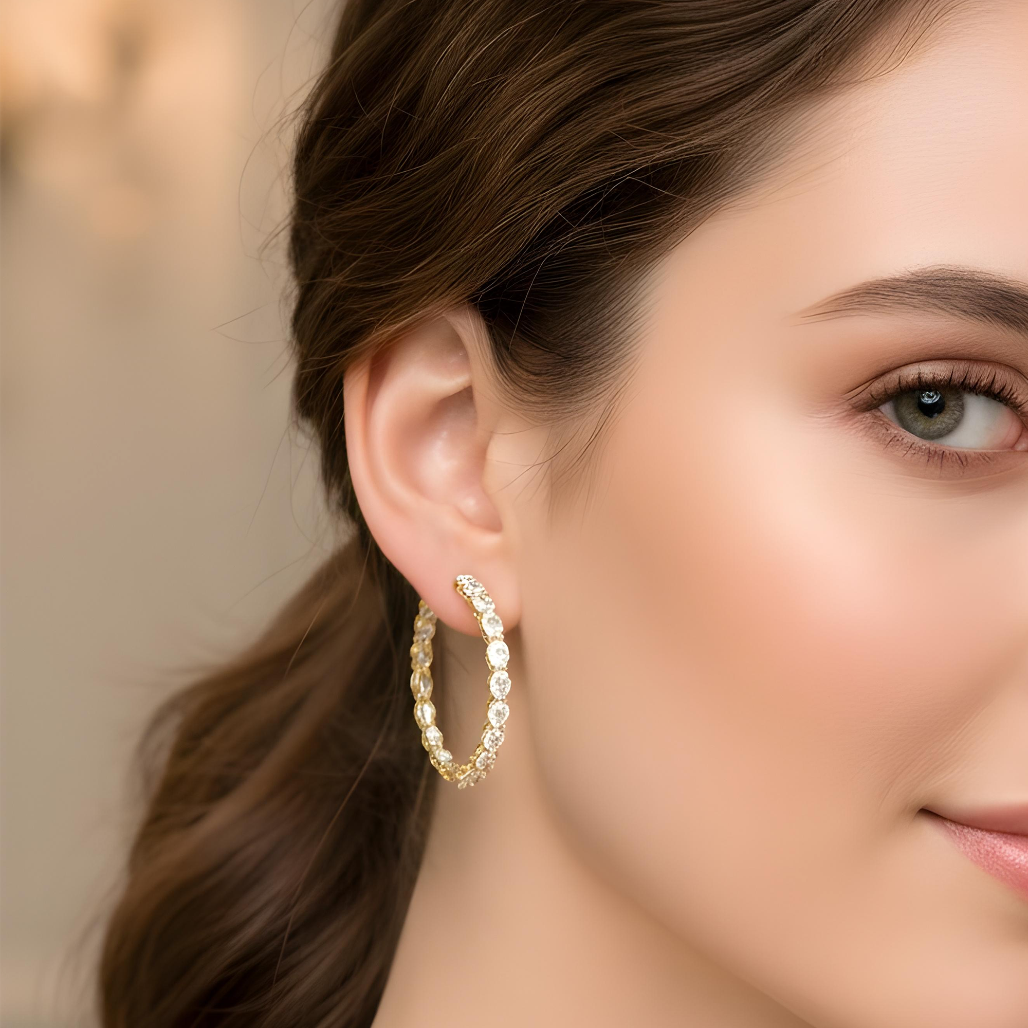 14K White Gold Oval Diamond Inside Out Diamond Hoops Earrings 9.60ctw
