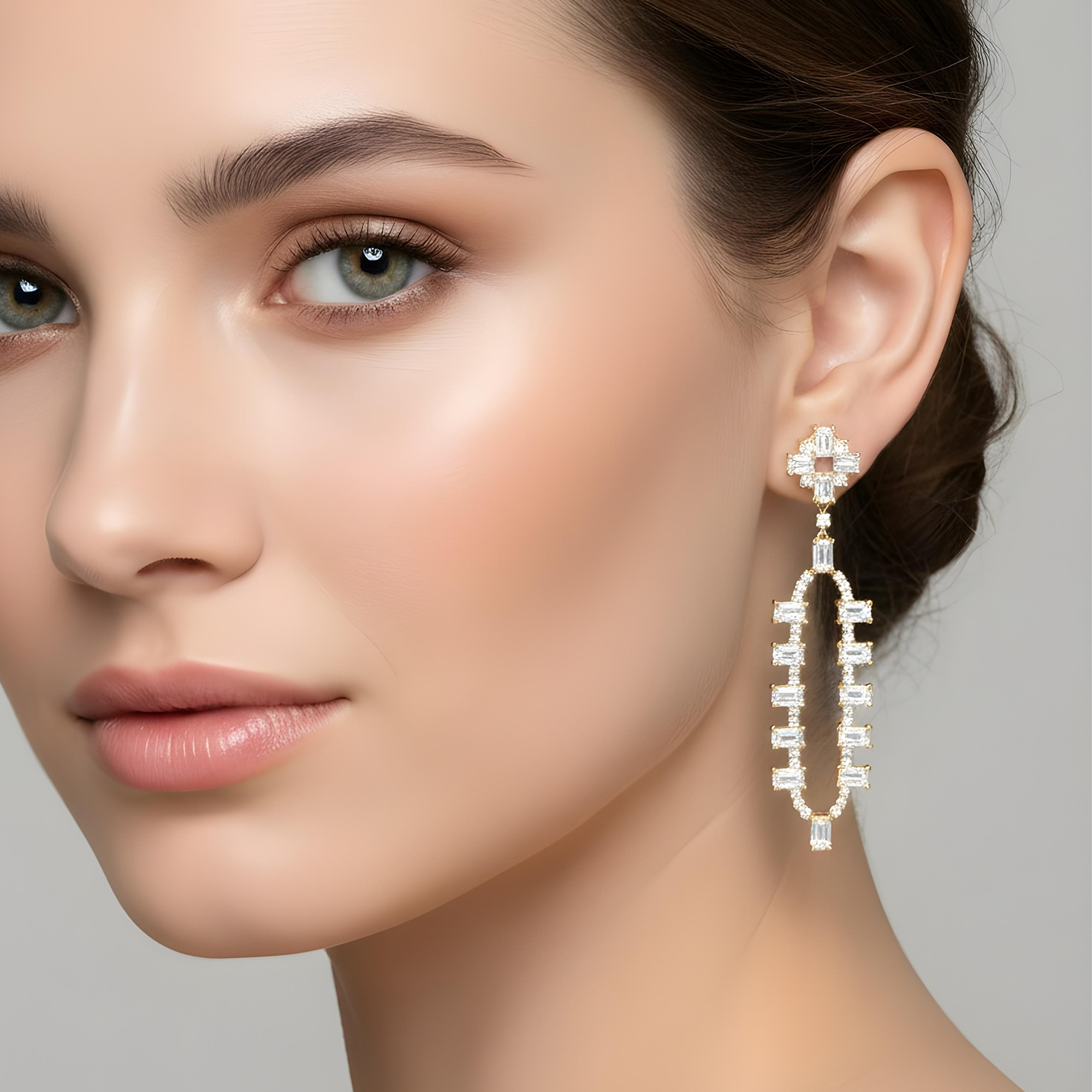 18K White Gold Emerald Cut Diamond Geometric Drop Earrings 9.51ct