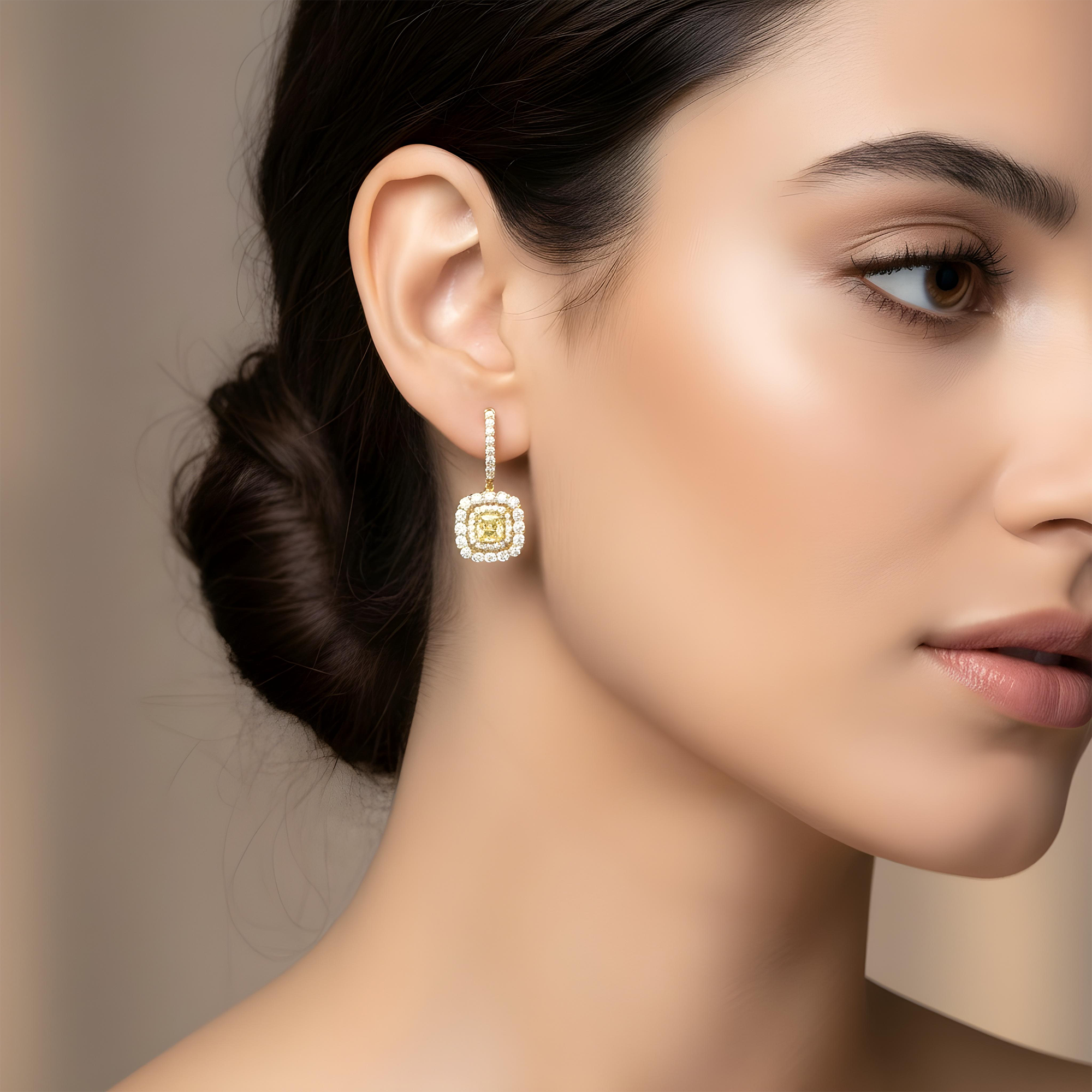 14K White Gold Cushion Cut Canary Yellow Diamond Drop Earrings 2.87ctw
