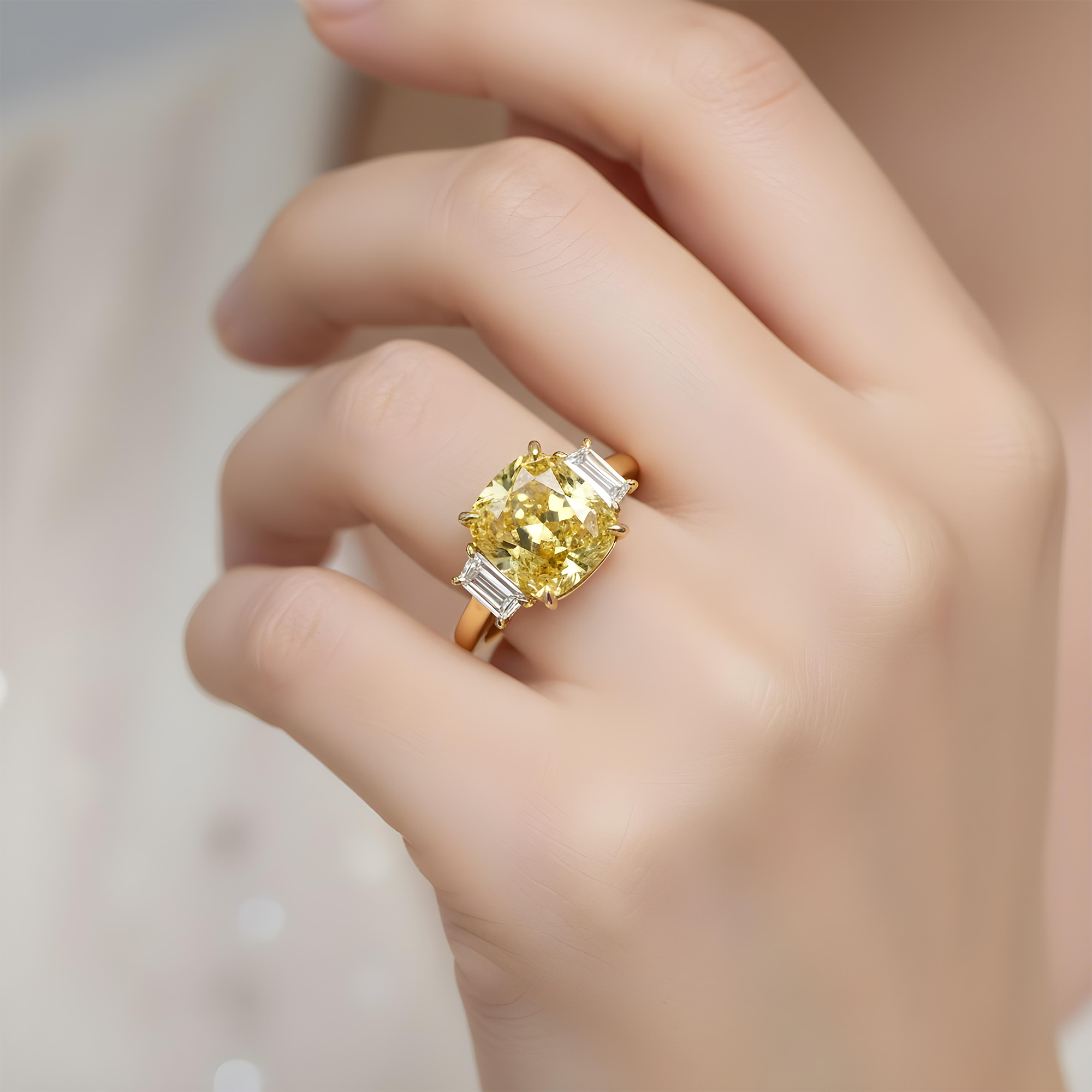 GIA Platinum 5.65ct Cushion Cut Fancy Deep Yellow Diamond Ring 6.21ctw