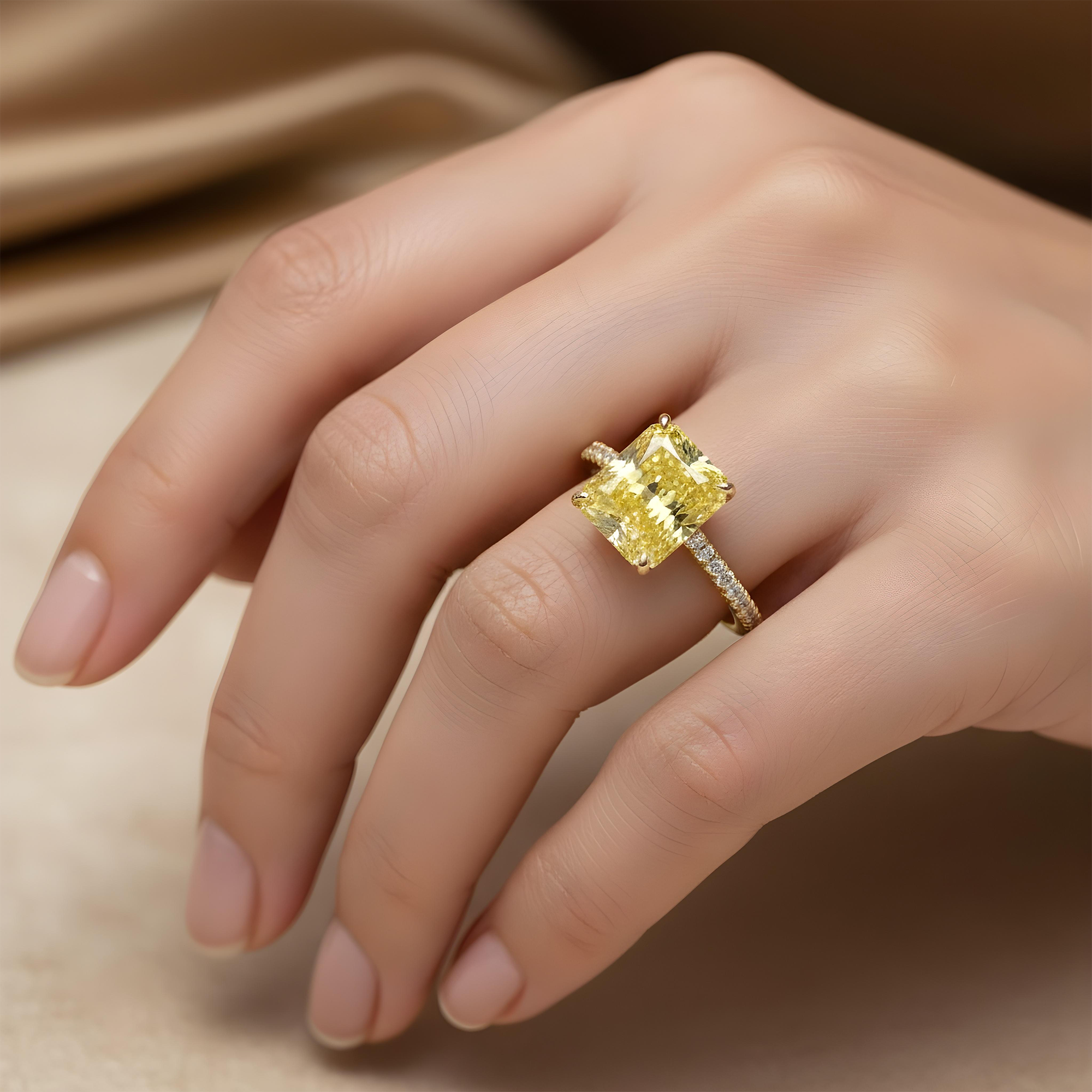 GIA Platinum 8.01ct Radiant Cut Fancy Yellow Diamond Ring 8.46ctw