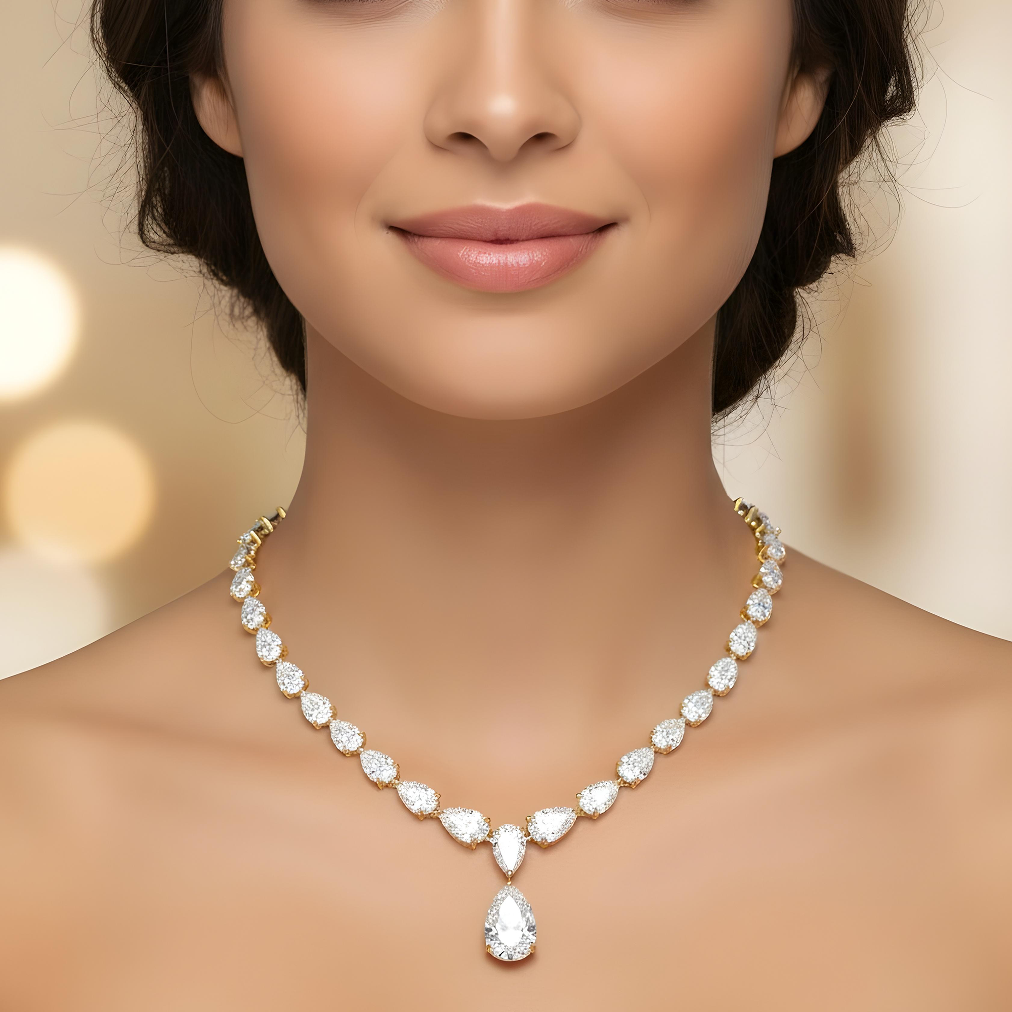 18K White Gold Full Pear Cut Diamond Drop Necklace 56.43ct