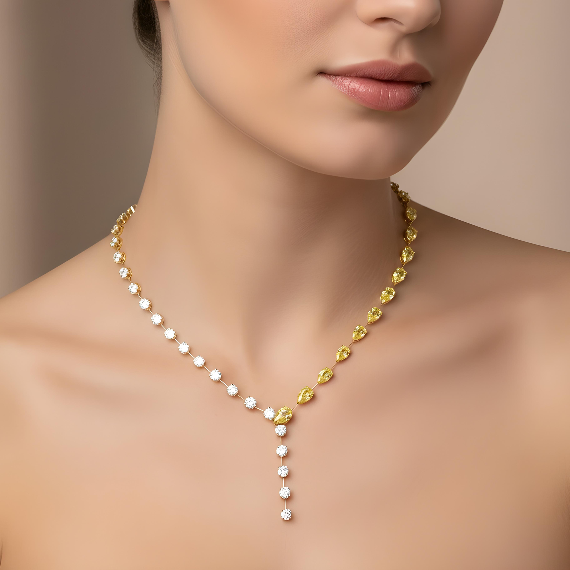 18K Two Tone Fancy Yellow Pear Cut & Round Diamond Adjustable Drop Necklace