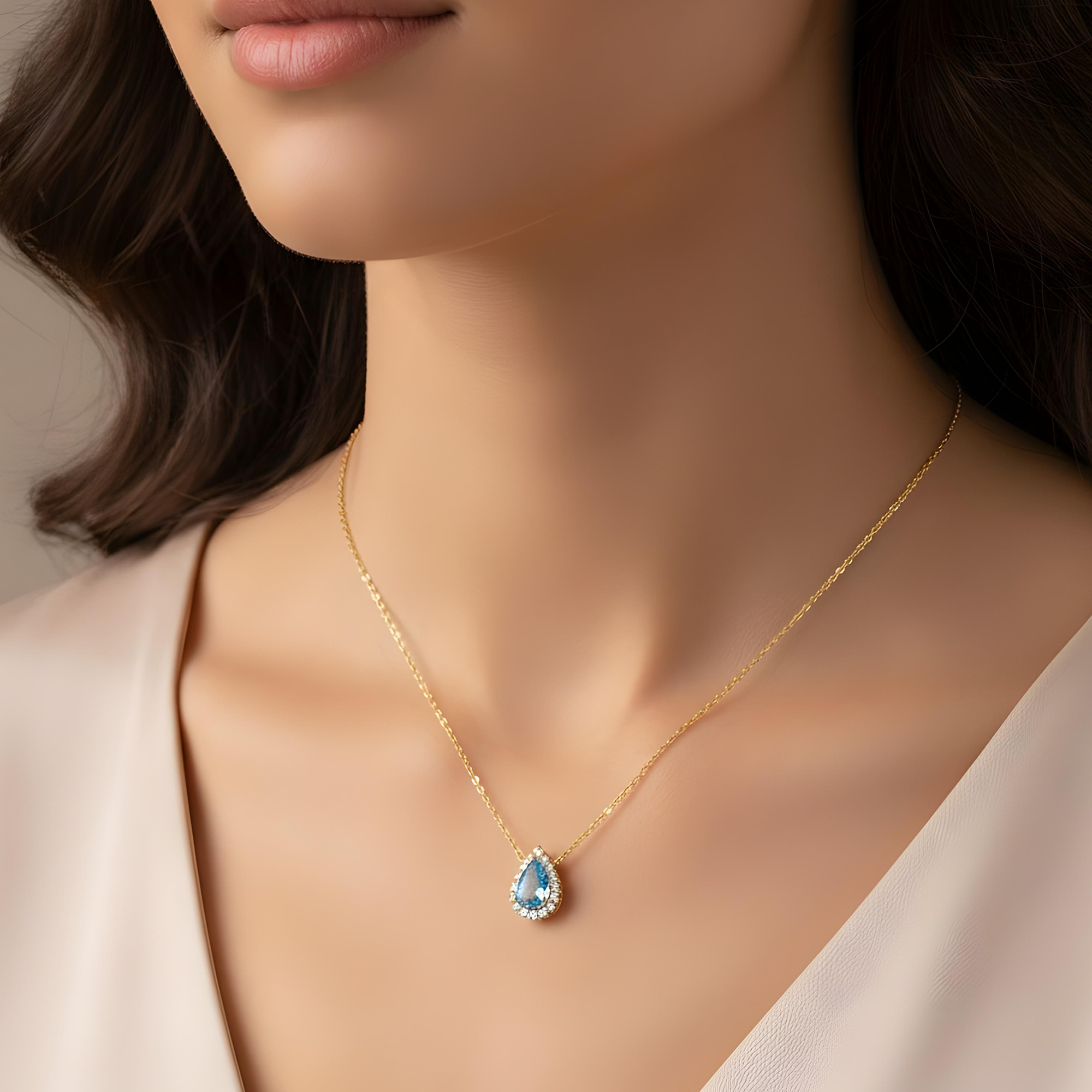18K White Gold Pear Cut Fancy Vivid Blue Diamond Mini Pendant Necklace 1.30ctw