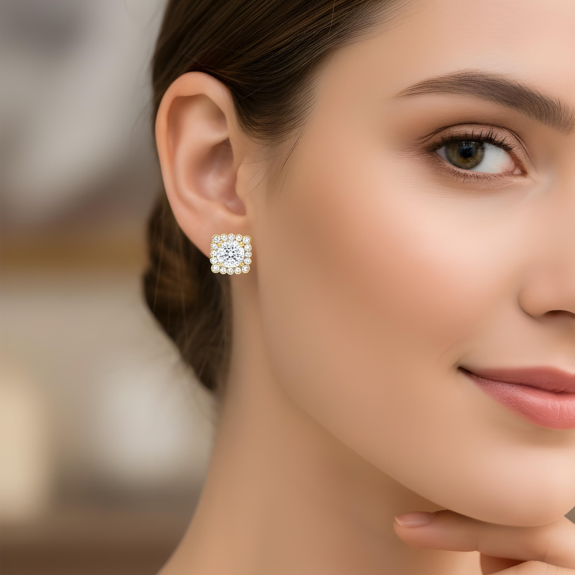 18K White Gold Solitaire Round Diamond Stud Earrings w/ Halo 3.81ctw