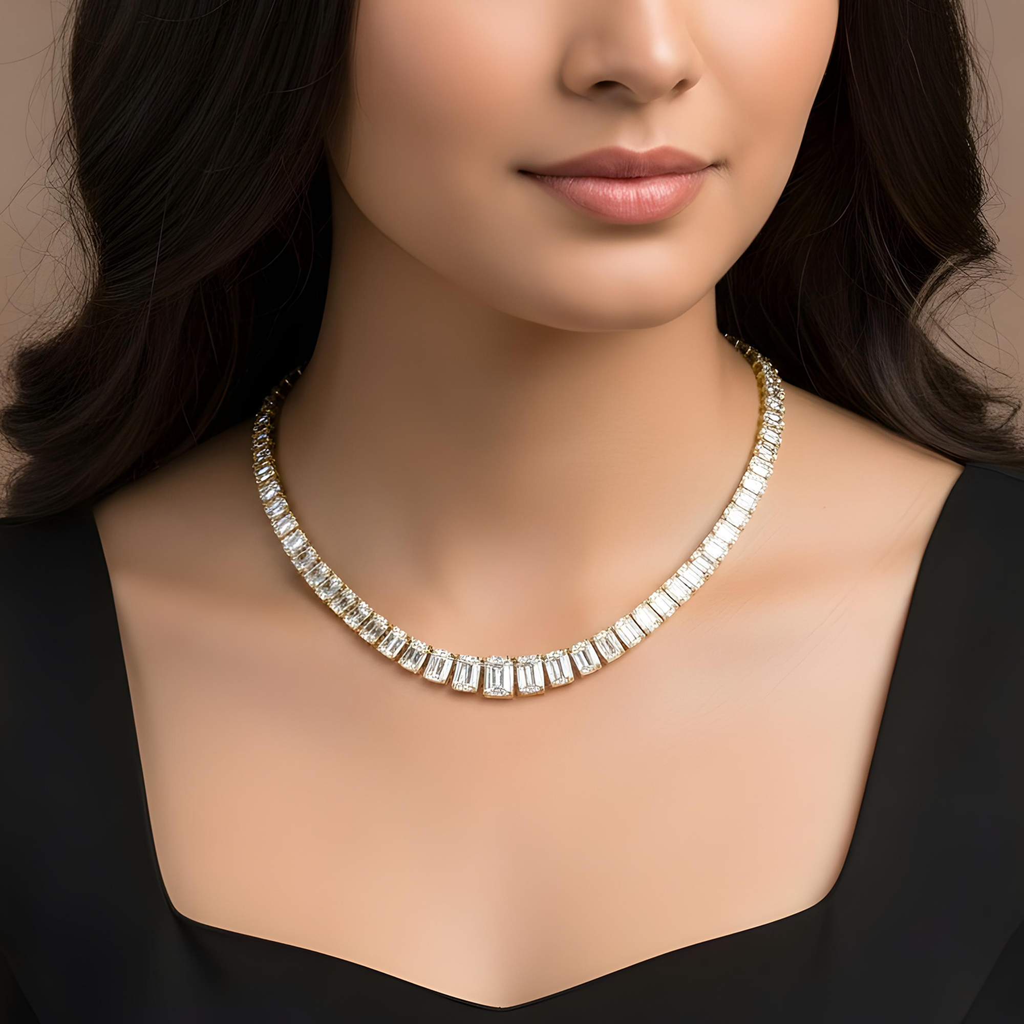 14K White Gold Graduated Emerald Cut Diamond Chain 58.64ct