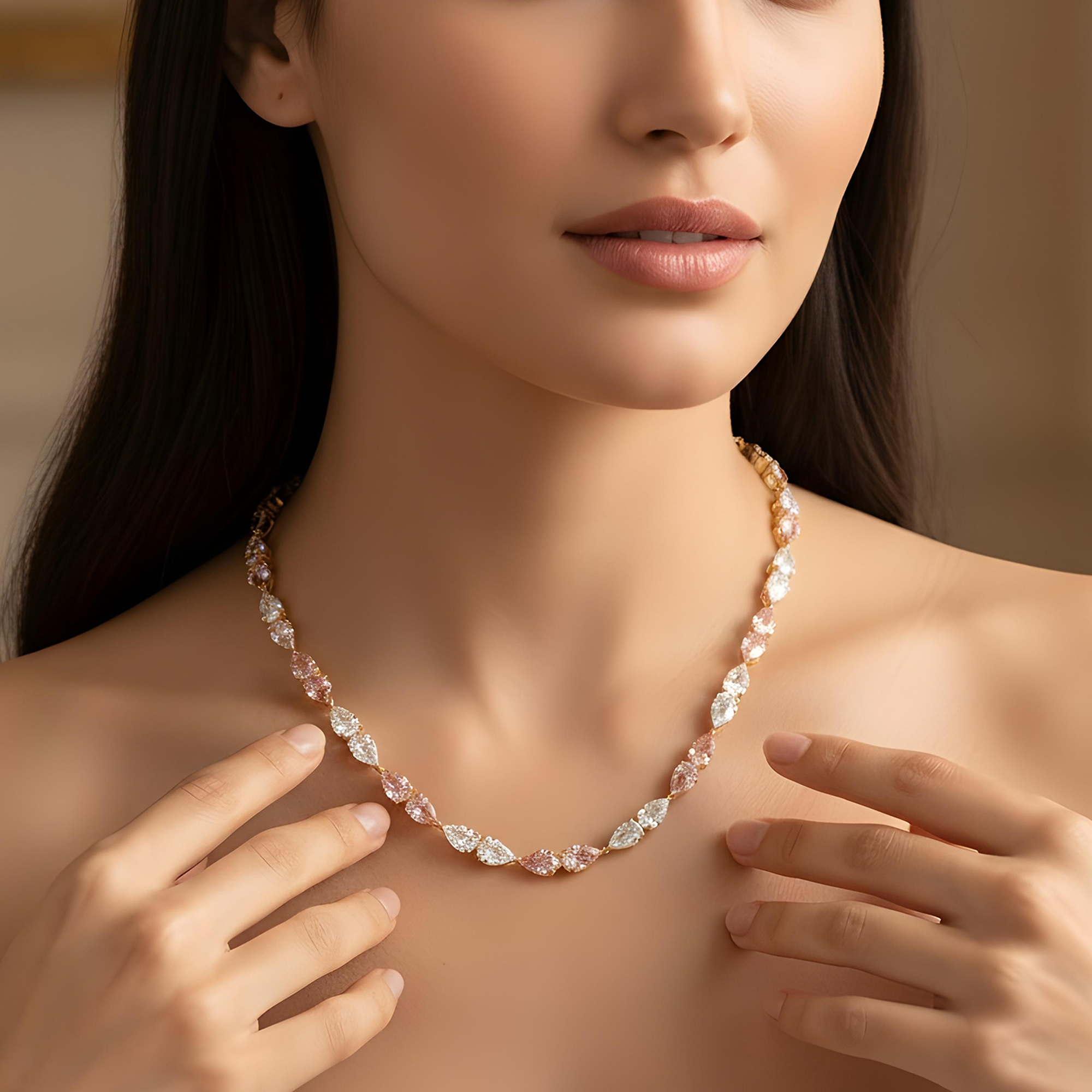 18K White Gold Pear Cut White & Fancy Pink Diamond Necklace 36.46ct