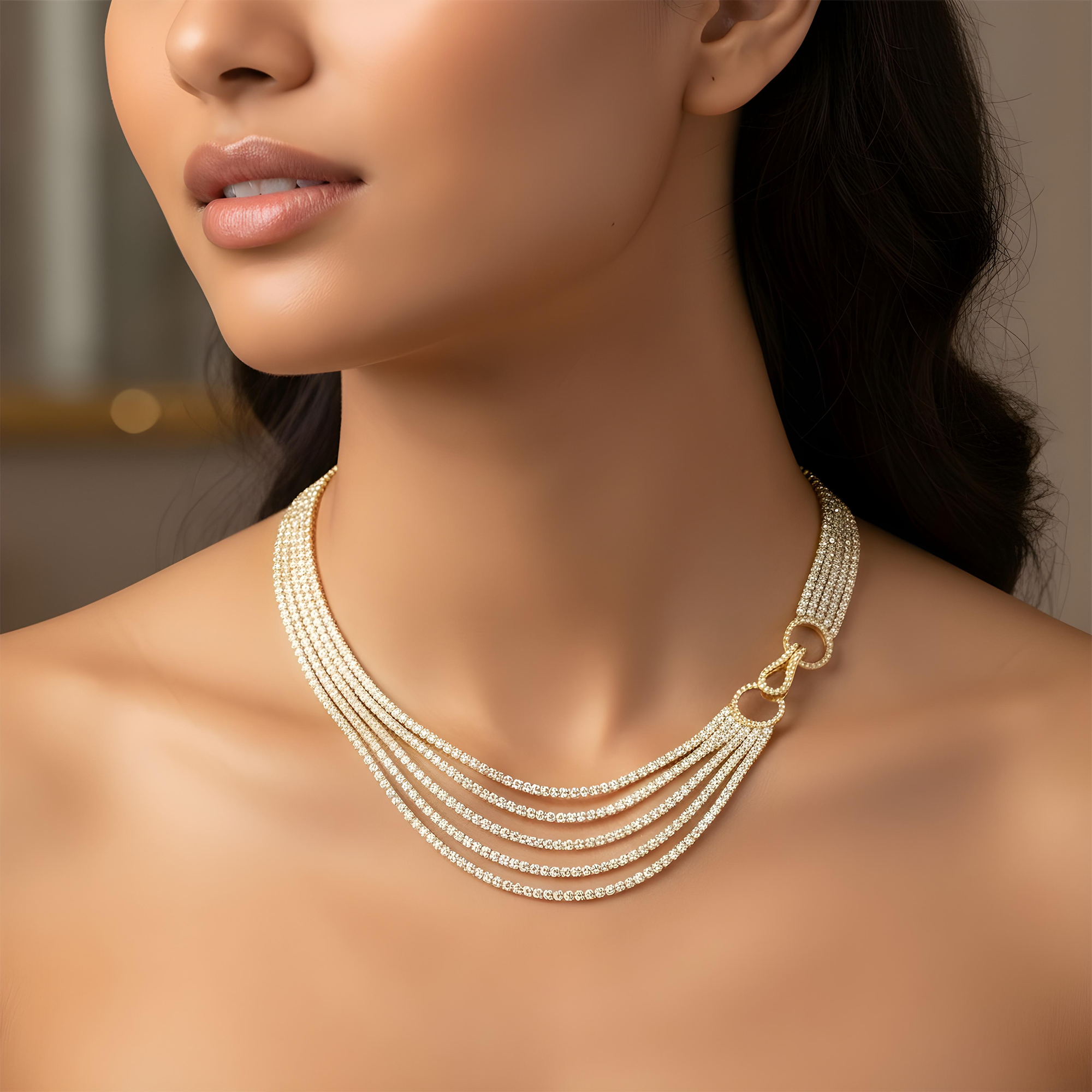 18K White Gold Five Layer Round Diamond Necklace W/ Unique Clasp 35.49ct