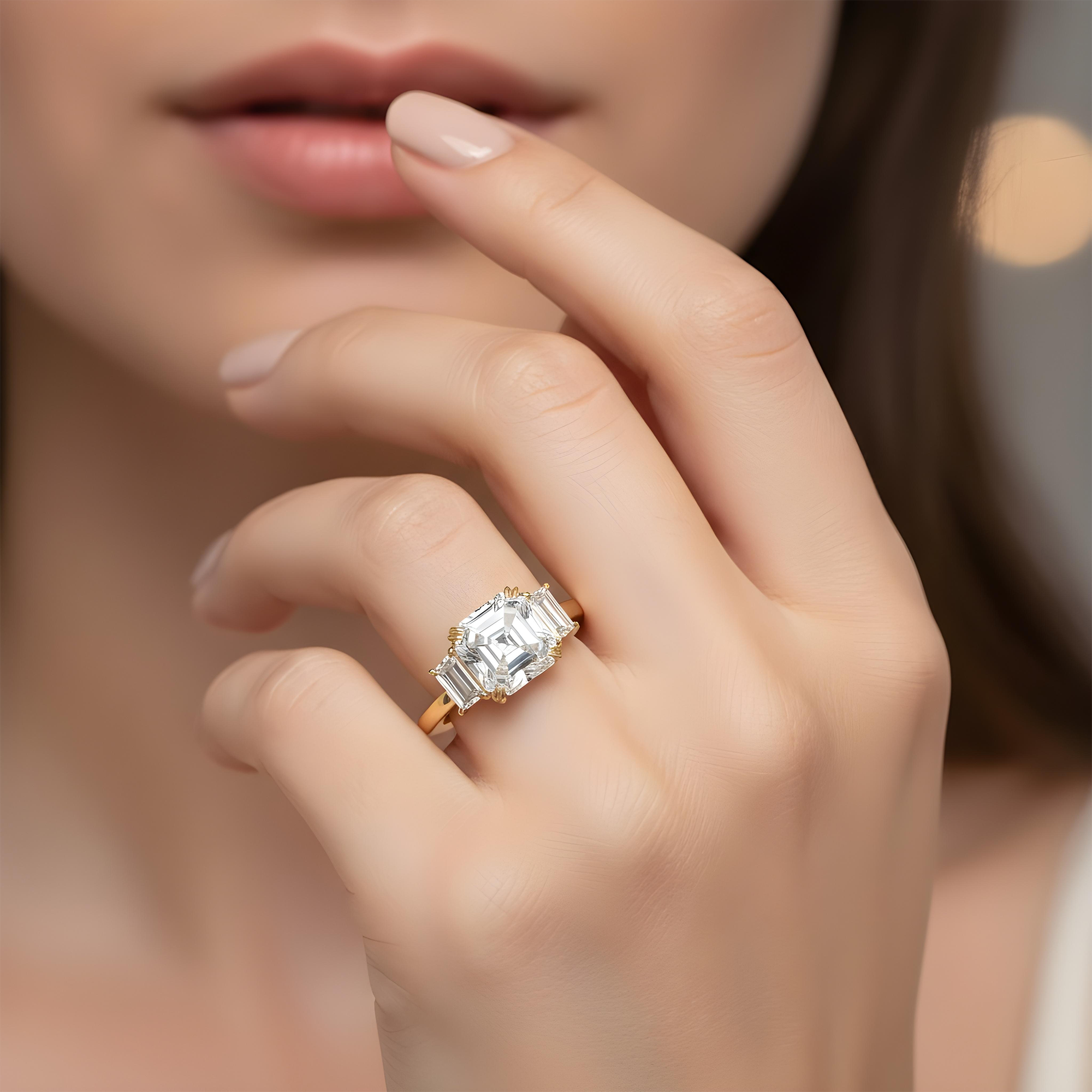 14K White Gold 5.37ct Asscher Cut Triple Diamond Engagement Ring 6.26ctw