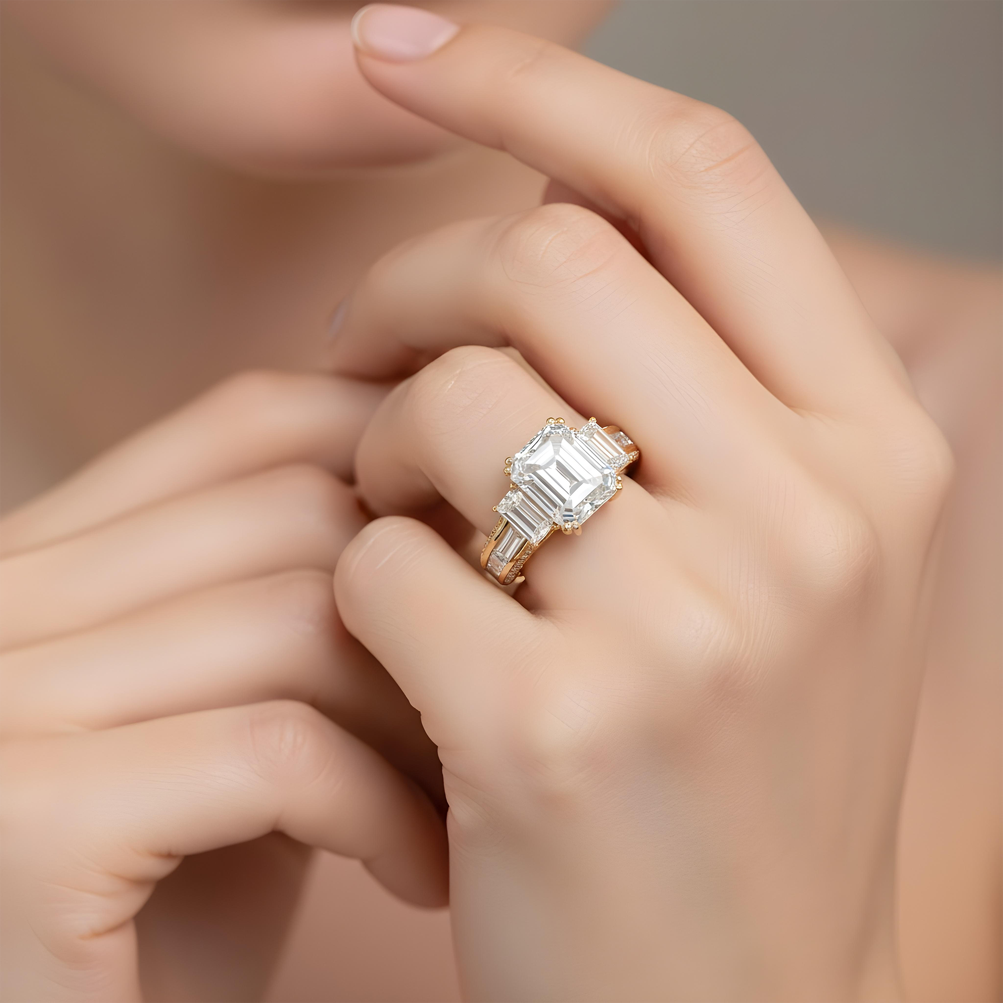 GIA 18K White Gold 5.11ct Triple Emerald Cut Diamond Engagement Ring 7.09ctw