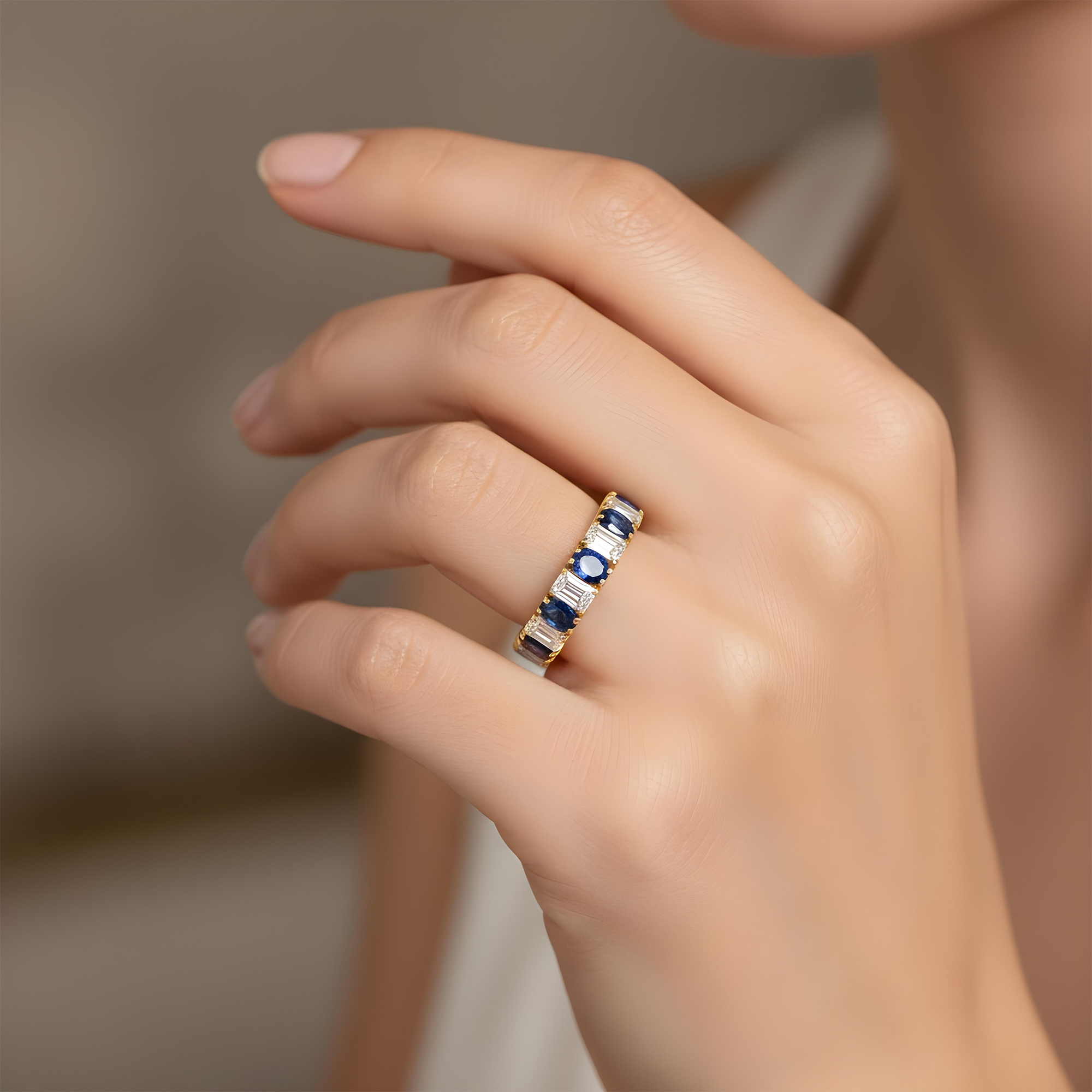 14K White Gold Emerald Cut Diamond & Oval Cut Sapphire Eternity Ring