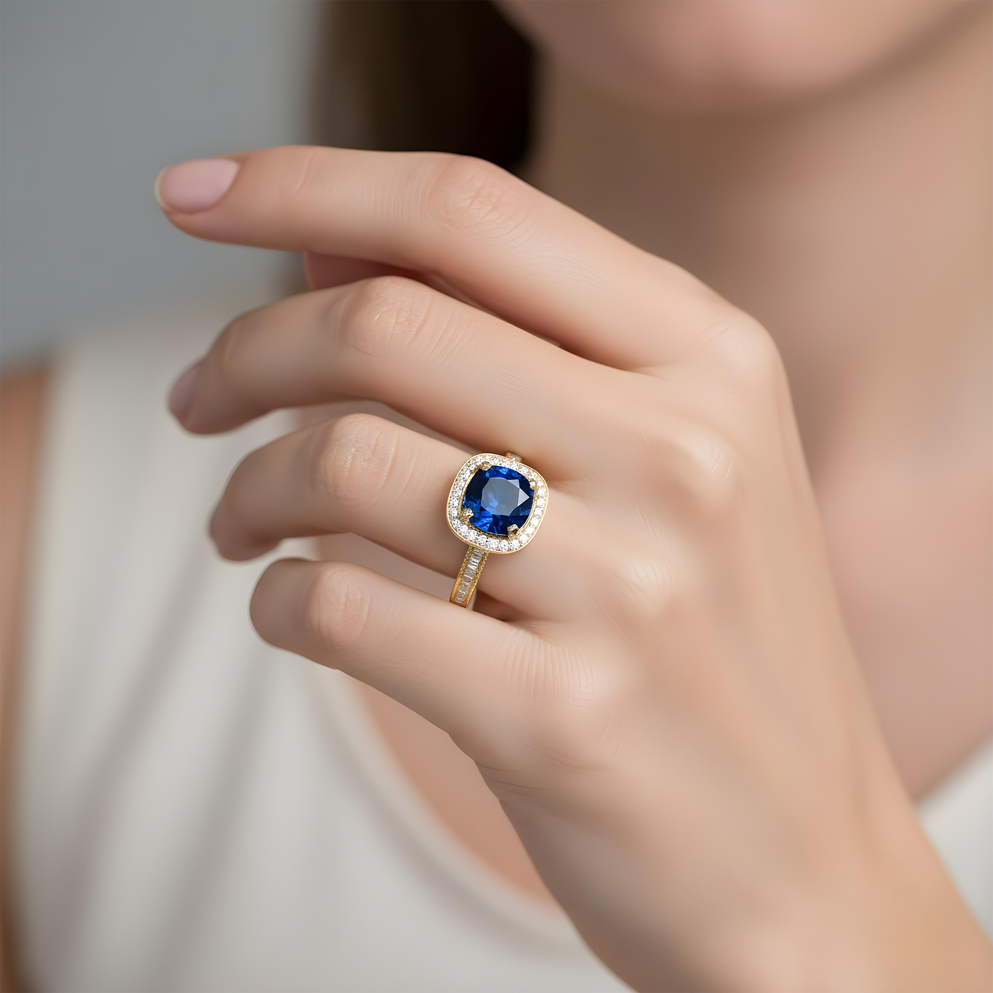 18K White Gold 5.01ct Cushion Cut Sapphire Gemstone Ring 6.01ctw