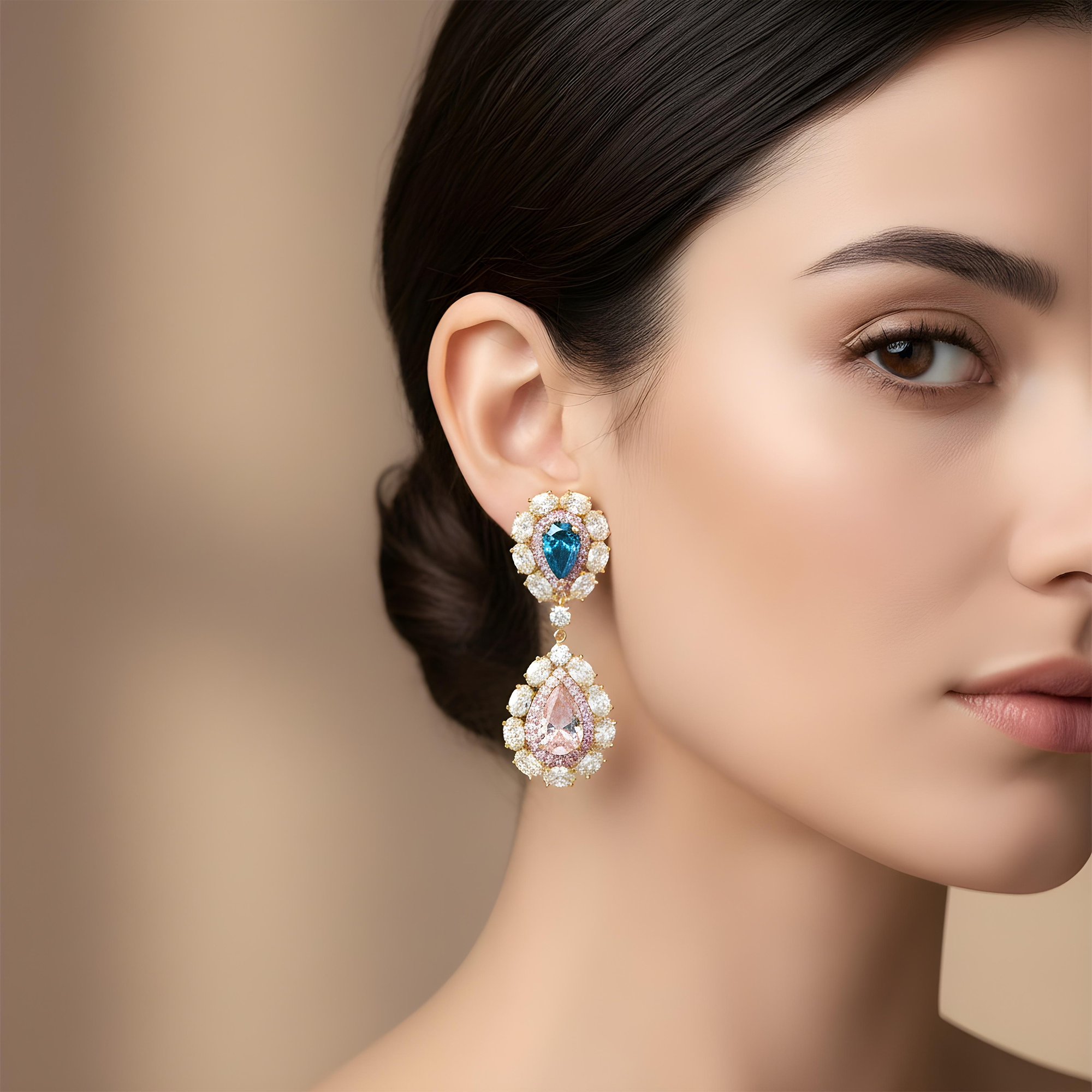 14K White Gold Multi Cut Fancy Pink & Blue Diamond Drop Earrings 14.02ctw