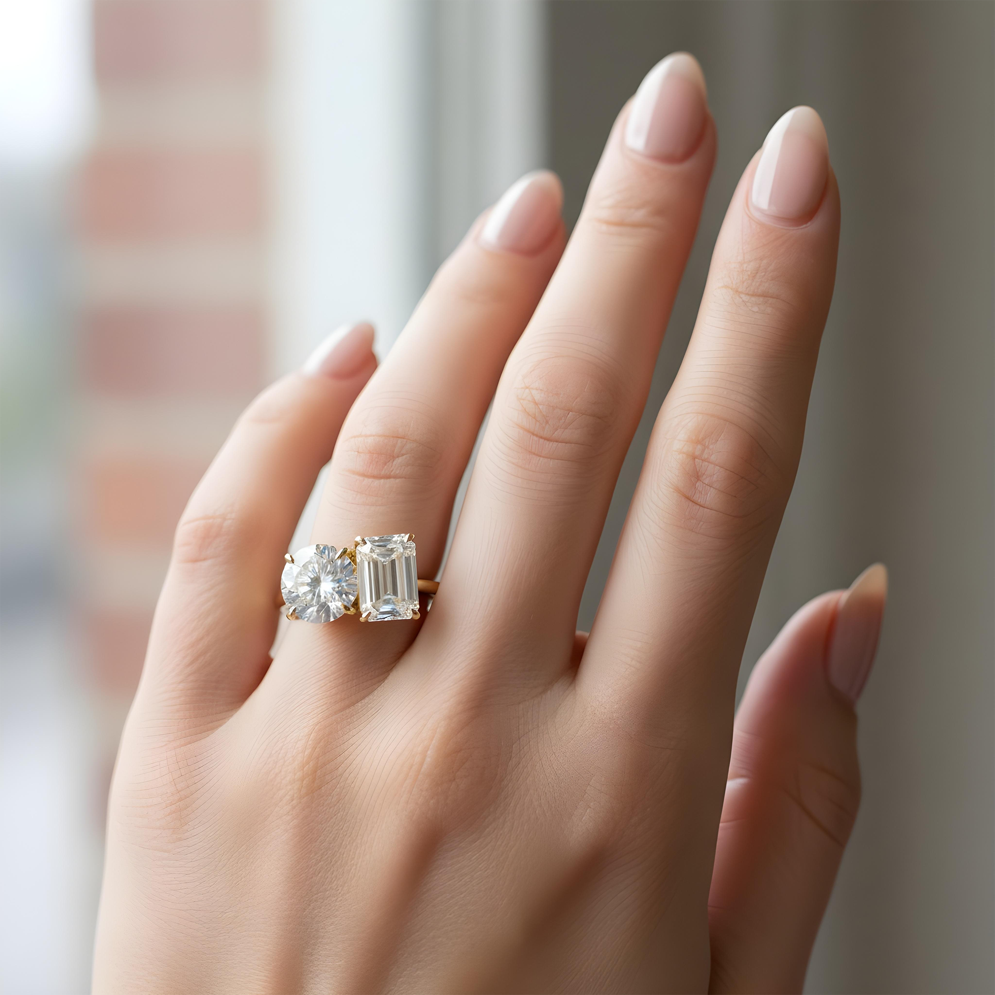 18K White Gold Round & Emerald Cut Double Diamond Toi et Moi Ring 7.52ctw
