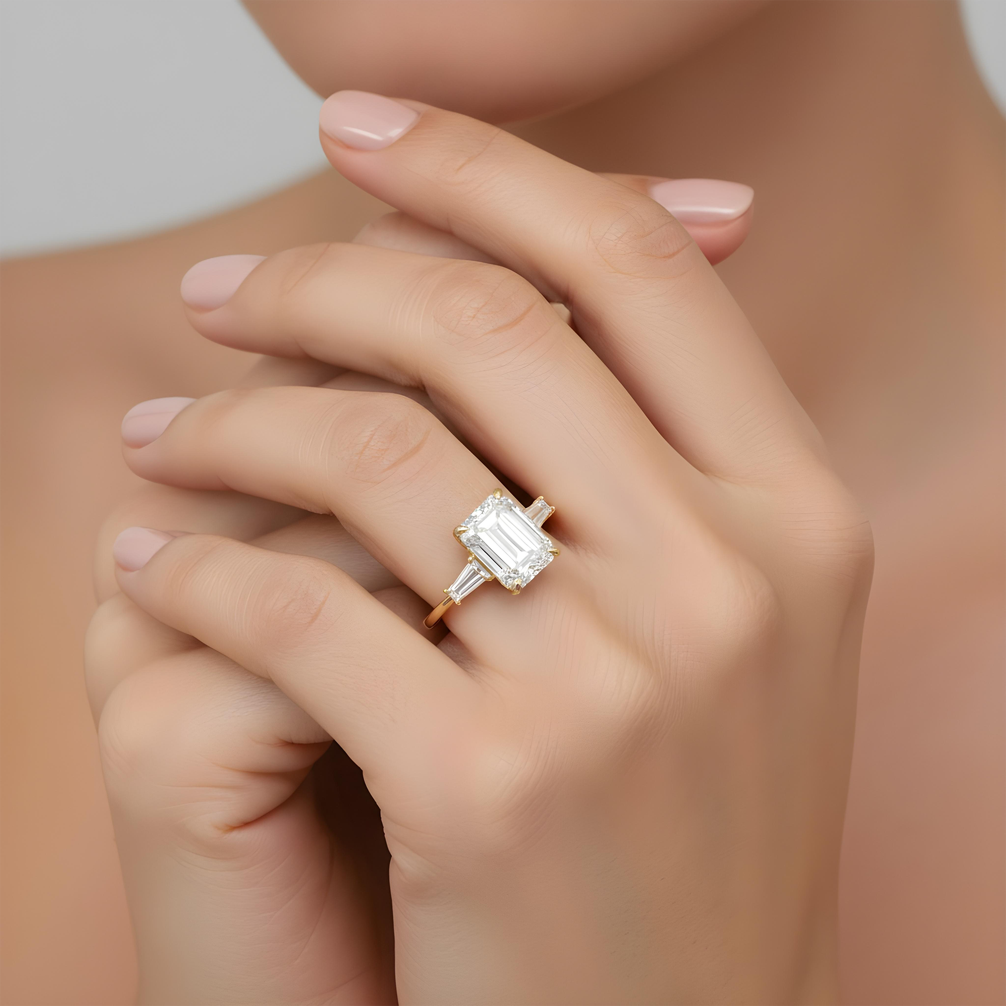 Platinum 4.73ct Emerald Cut Triple Diamond Engagement Ring 5.15ctw