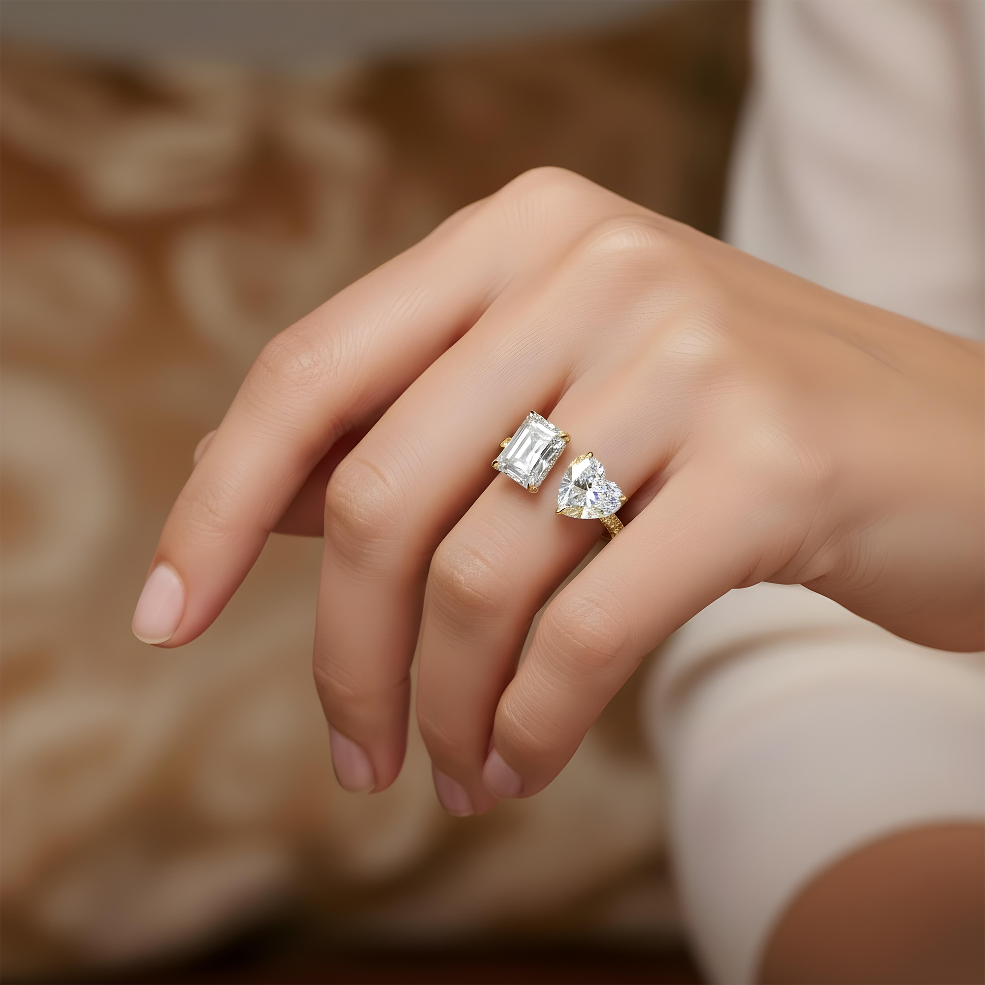 18K White Gold Heart & Radiant Cut Diamond Toi et Moi Ring 8.34ctw