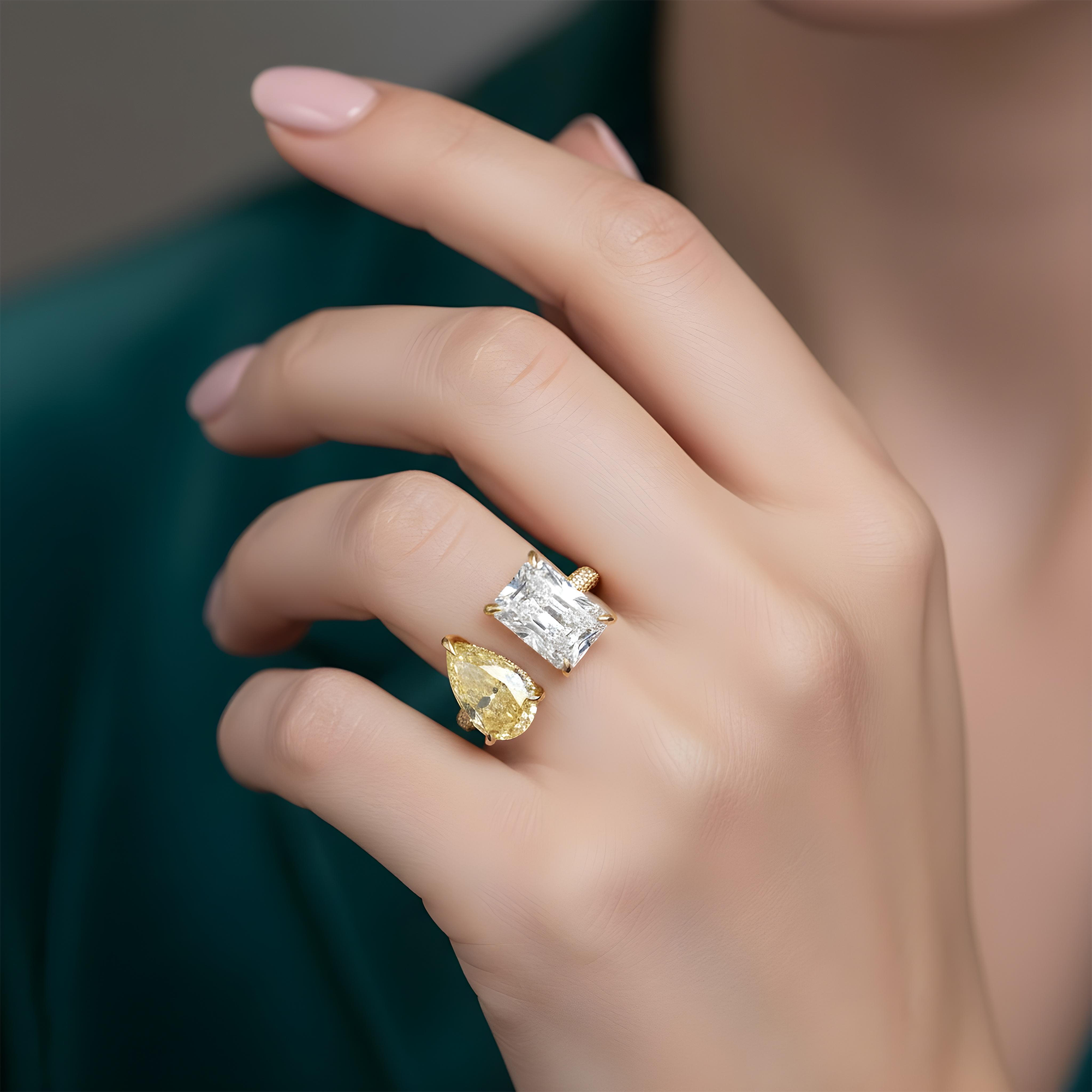 18K White Gold Radiant Cut & Fancy Yellow Pear Cut Diamond Toi et Moi Ring 8.25ctw