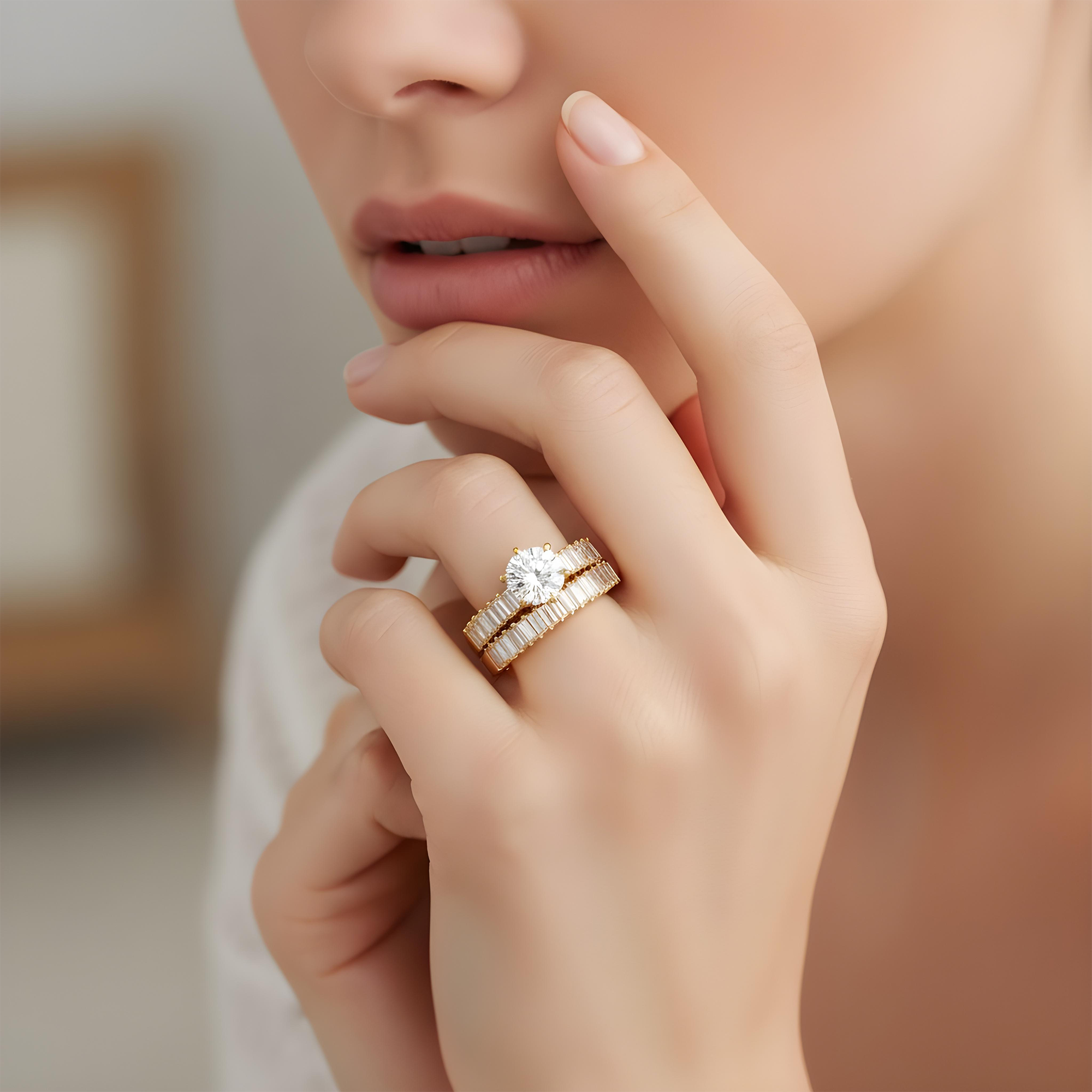 18K White Gold Round & Baguette Diamond Engagement Ring & Wedding Band Set 2.33ctw