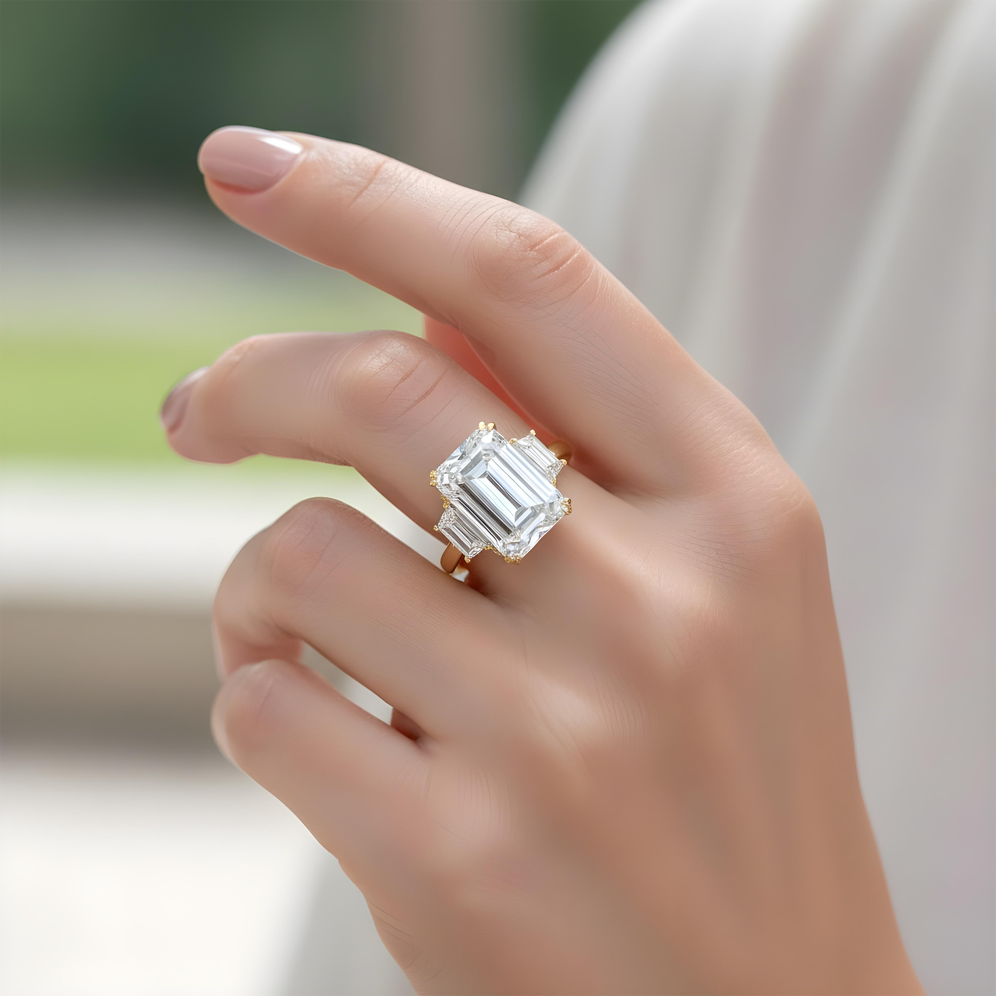 Platinum 11.03ct Emerald Cut Triple Diamond Engagement Ring 12.17ctw