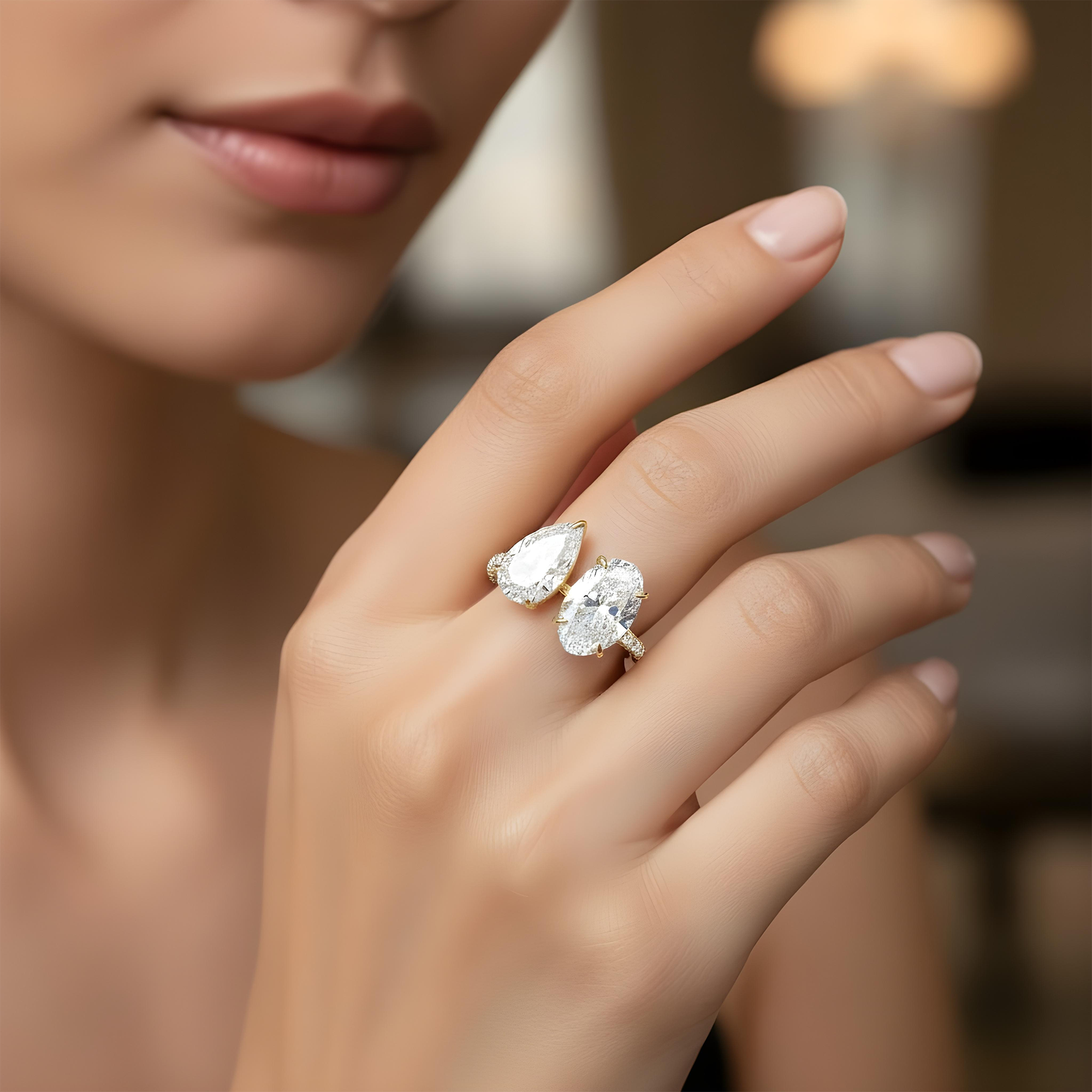 18K White Gold Oval & Pear Cut Double Diamond Toi et Moi Ring 13.07ctw