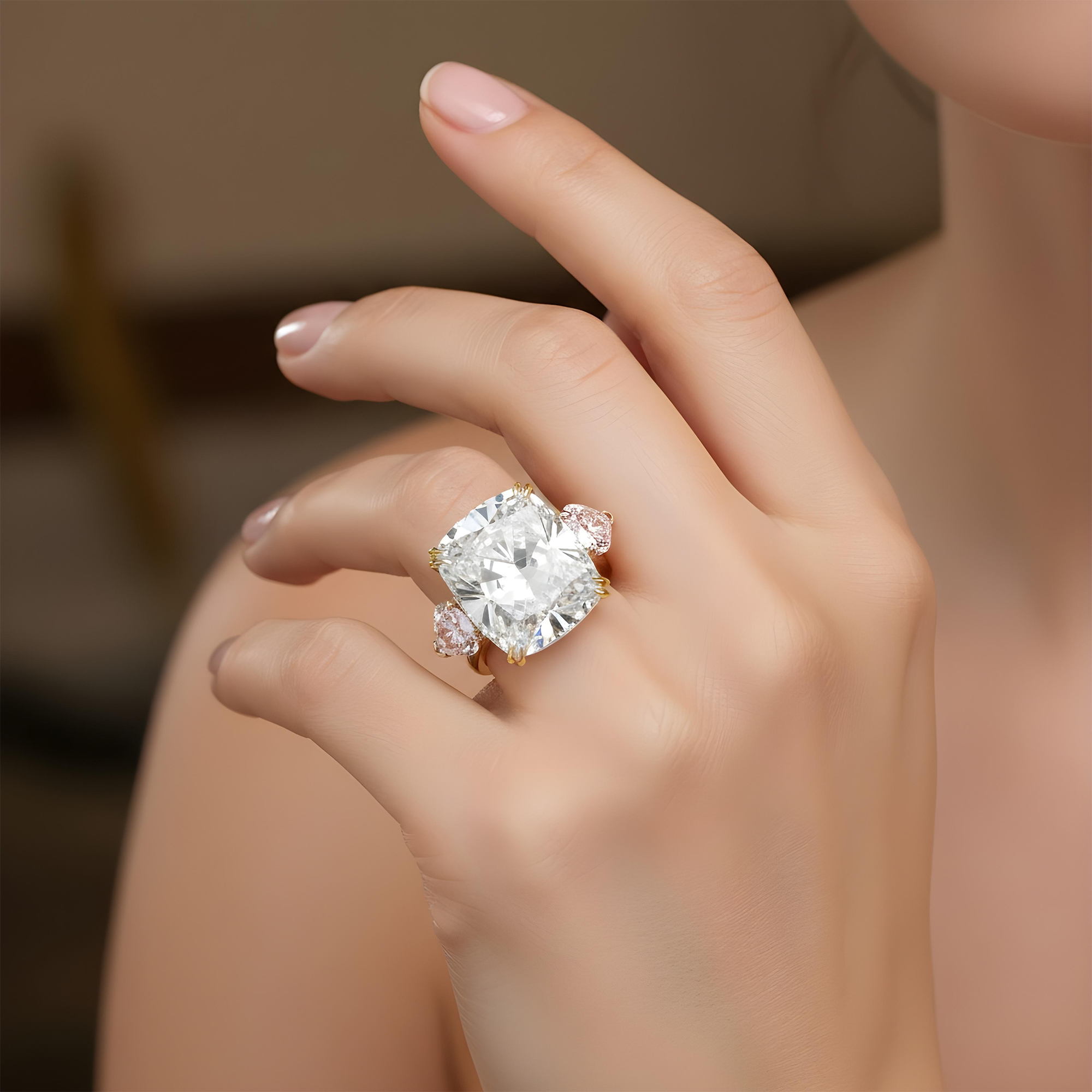 Platinum 20.07ct Cushion Cut & Pink Pear Triple Diamond Engagement Ring 24.09ctw (3 IGI)