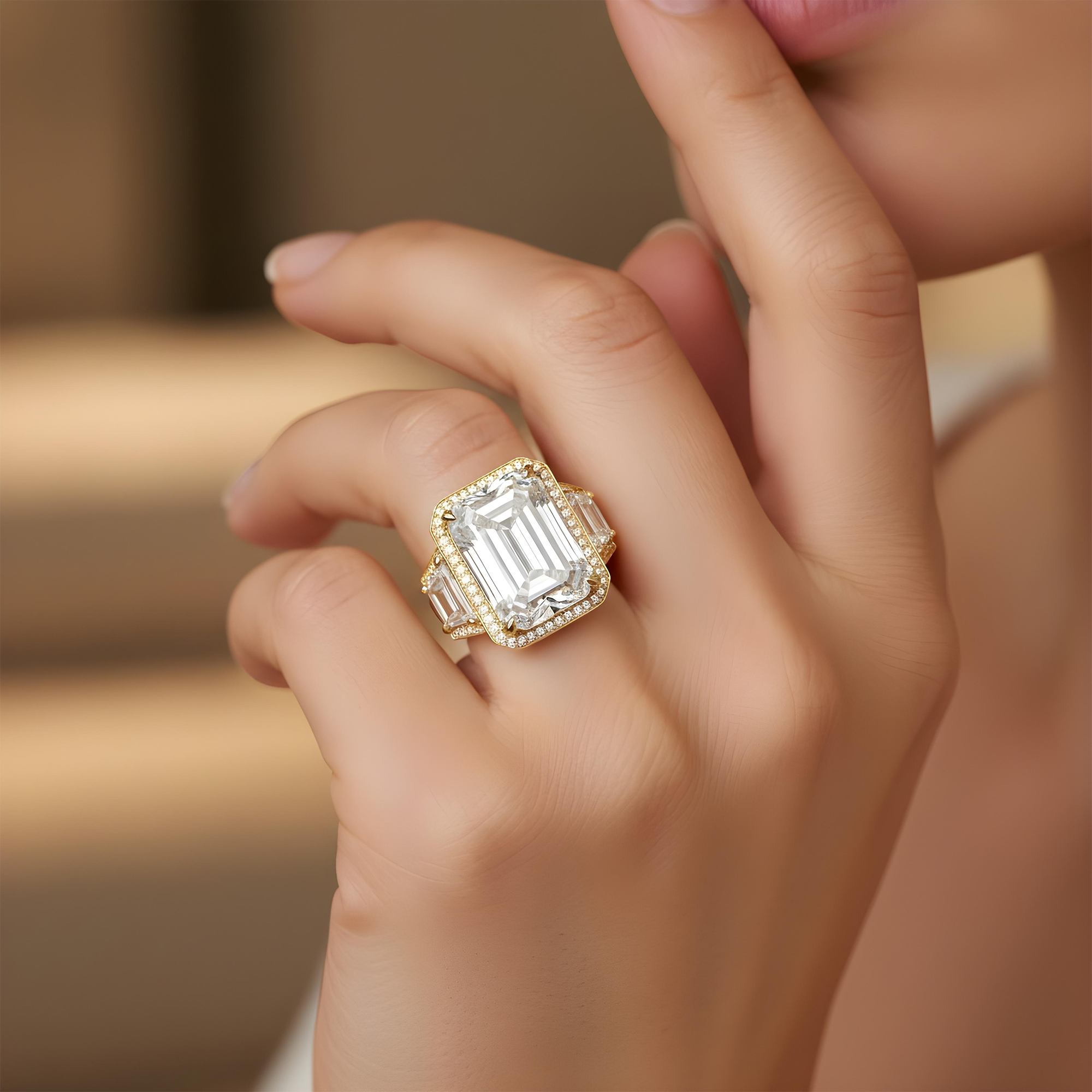 Platinum 12.32ct Emerald Cut Triple Diamond Engagement Ring 15.31ctw