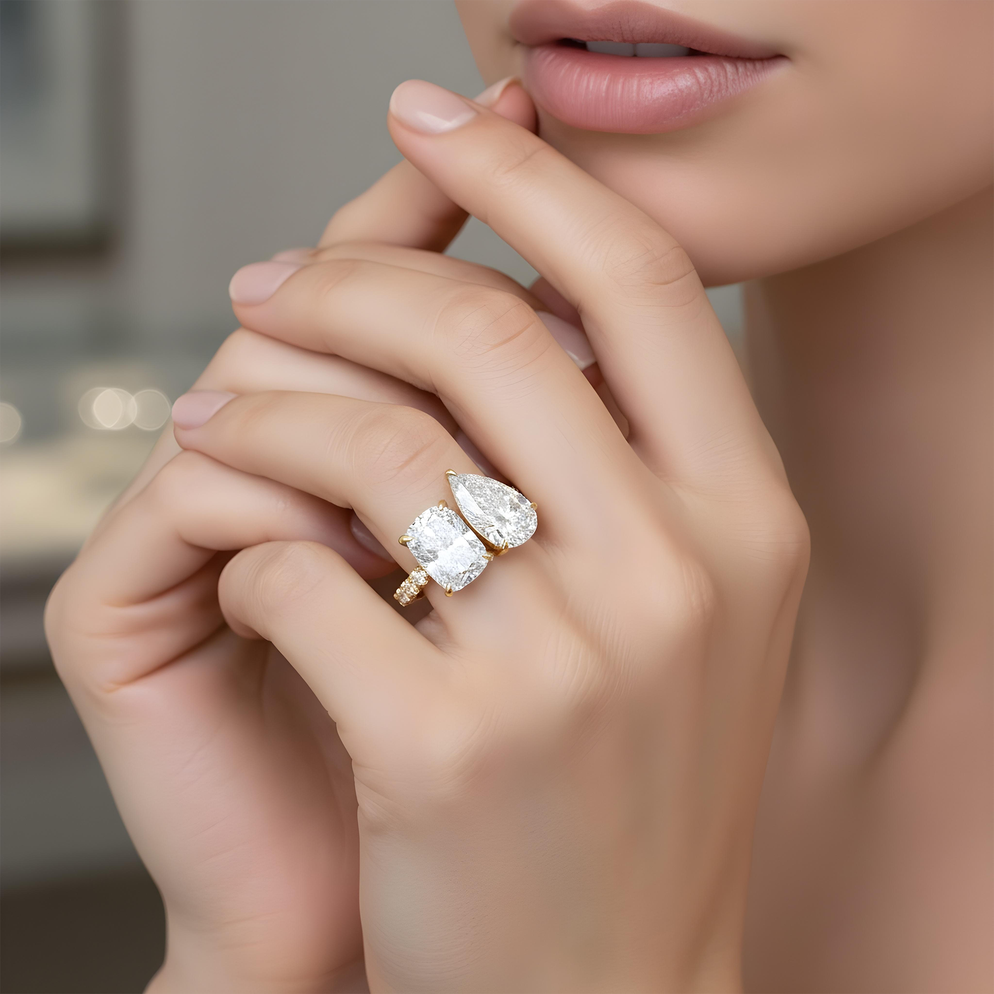 18K White Gold Cushion & Pear Cut Double Diamond Toi et Moi Ring 12.99ctw